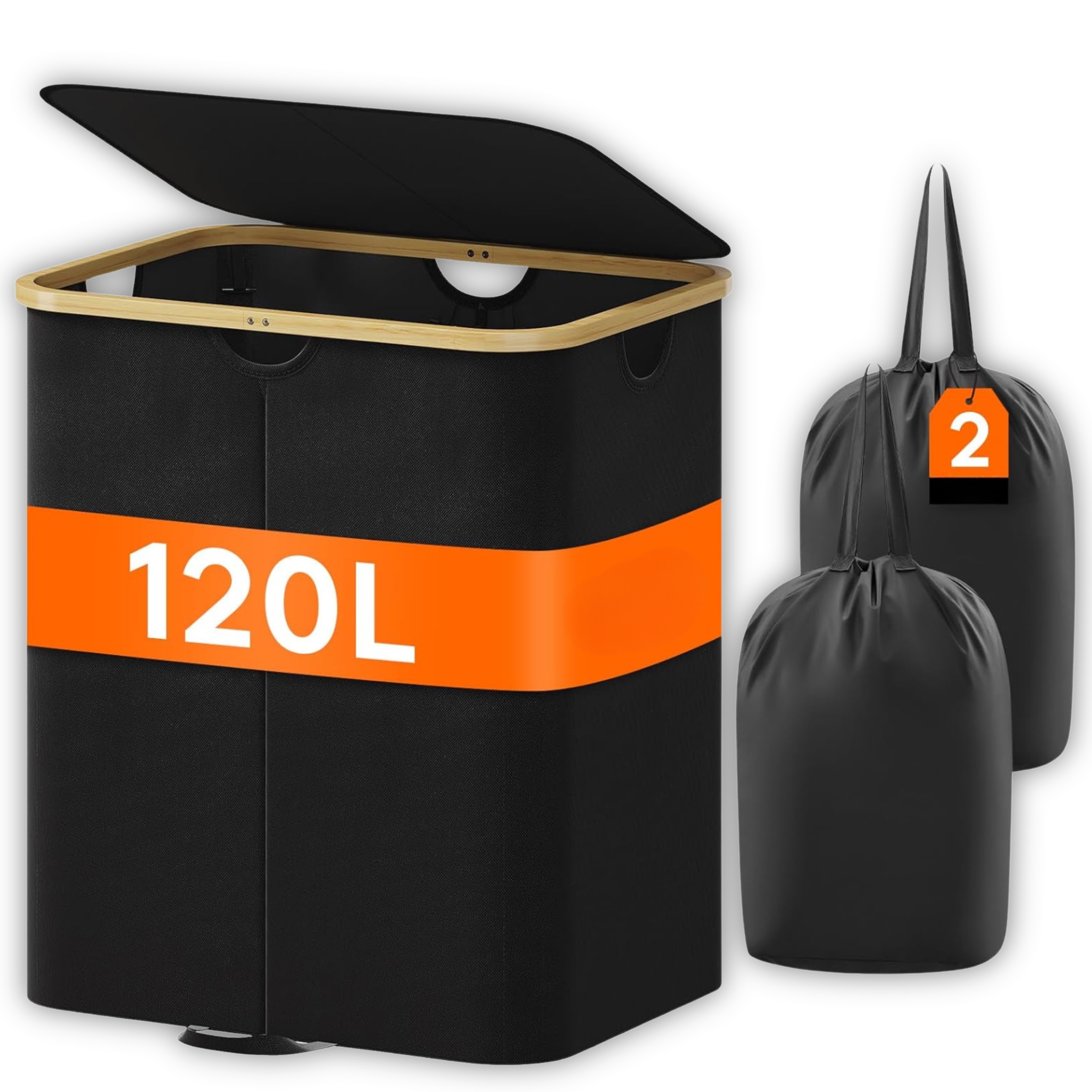 Skládací Koš Na Prádlo S Víkem, Dvoukomorový, Bambusový, 120 L, Velký