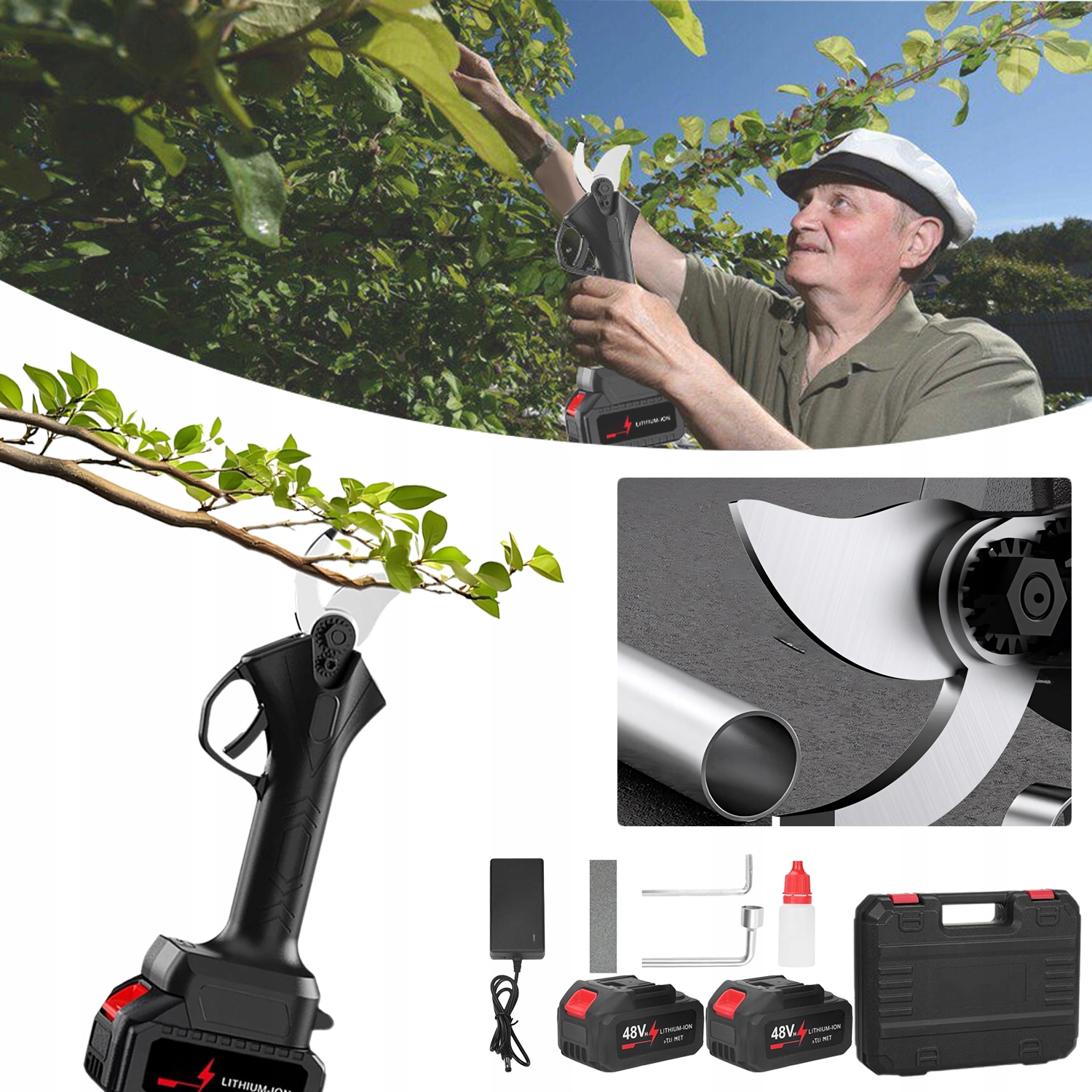 Sekator Elektryczny Do Gałęzi Akumulatorowy Ogrodowe Nożyce 2xAKU 2.0AH