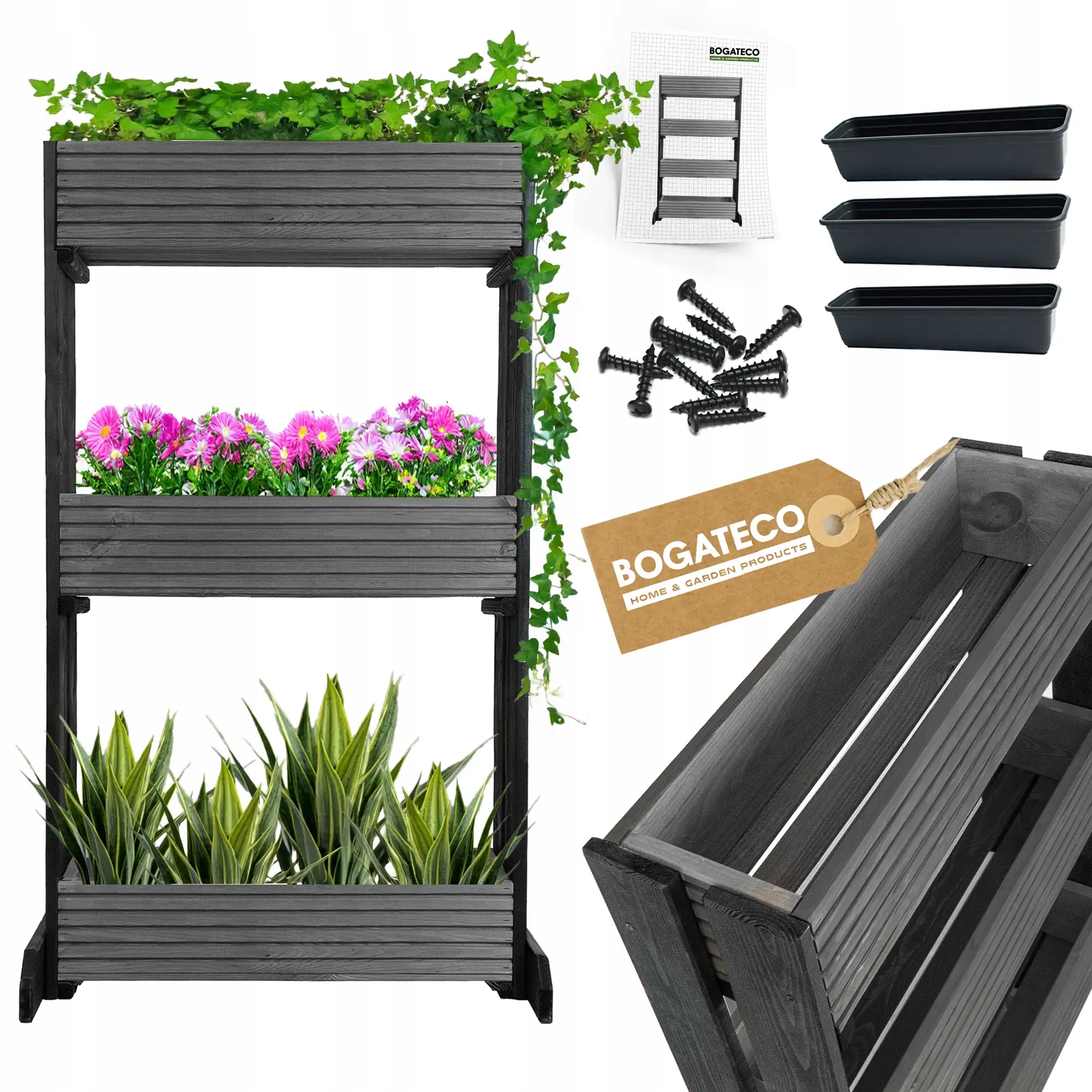 3 Květináče Na Stojanu Na Bylinky, Květiny Na Balkon, Květináč, Černá Barva