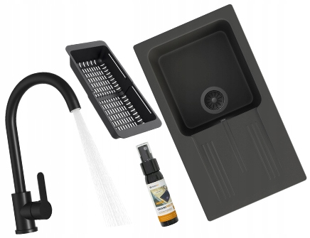 Dřez Ada Granitový Jednokomorový Dřez Černý Baterie Sifon Košík