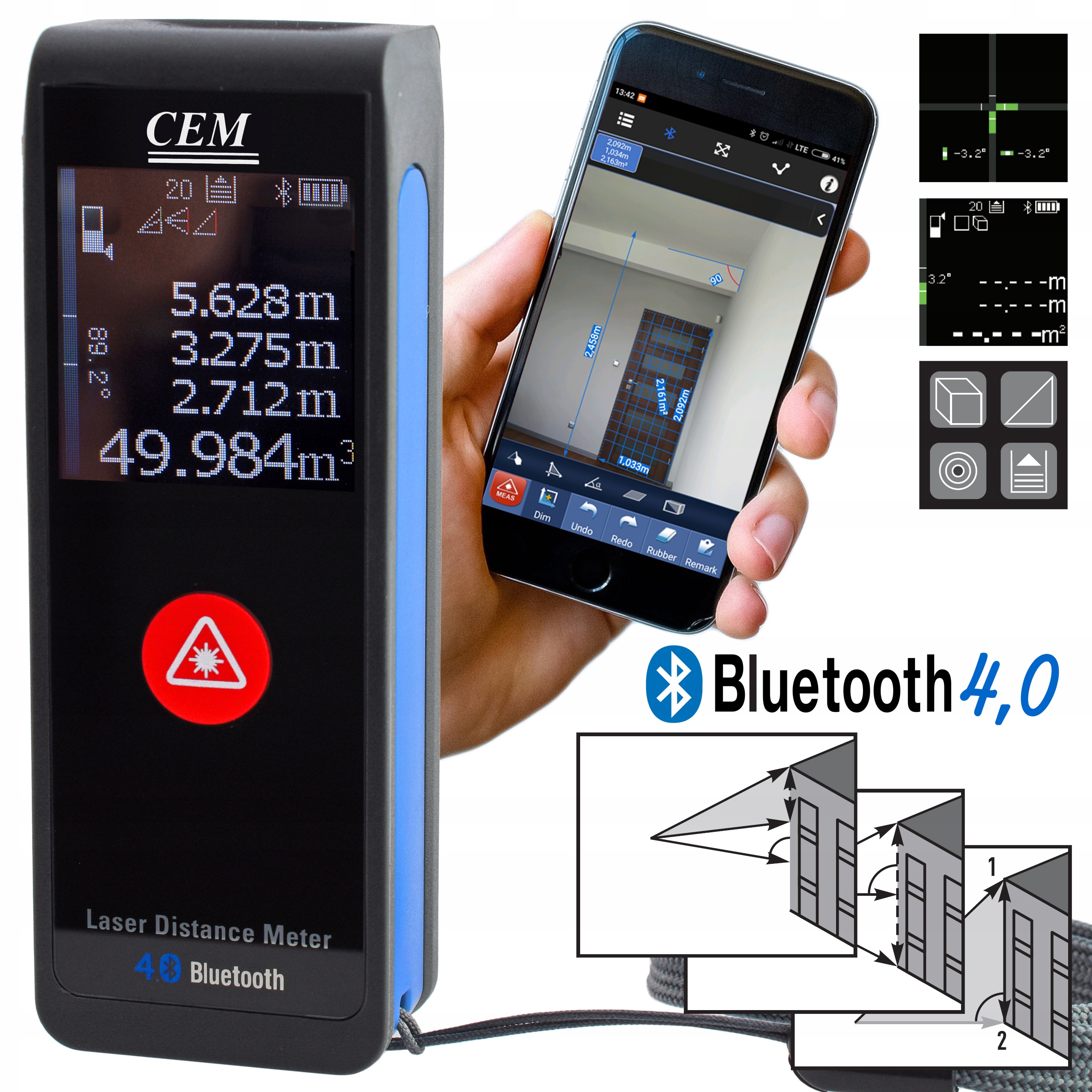 

Dalmierz laserowy Poziomica dotykowy Bluetooth Cem