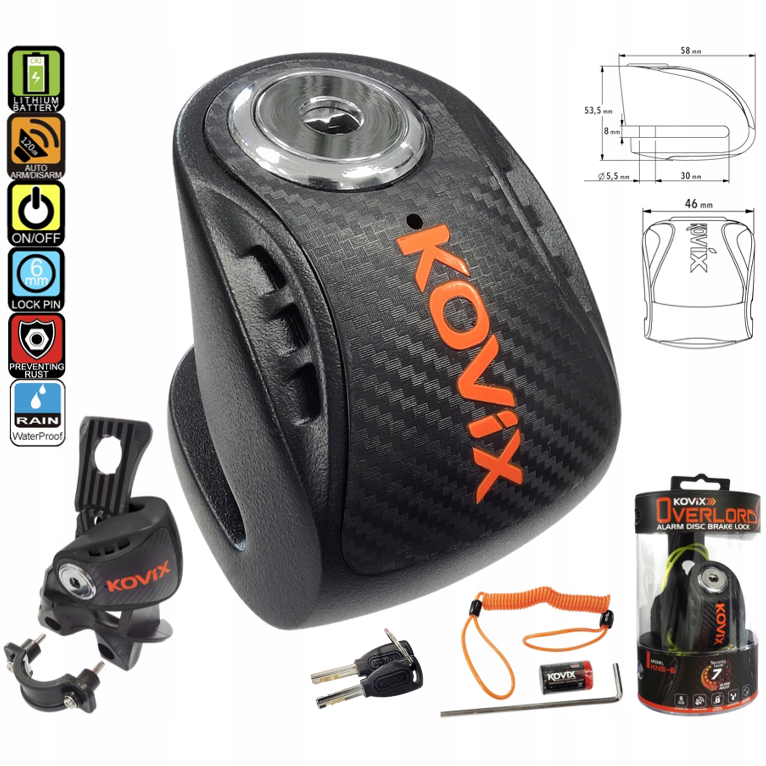 Zámek brzdového kotouče s alarmem Kovix KNS6 černý Martinelli