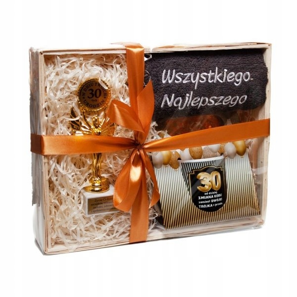 Zestaw kosz prezentowy na 30 Urodziny Kubek Ręcznik Statuetka