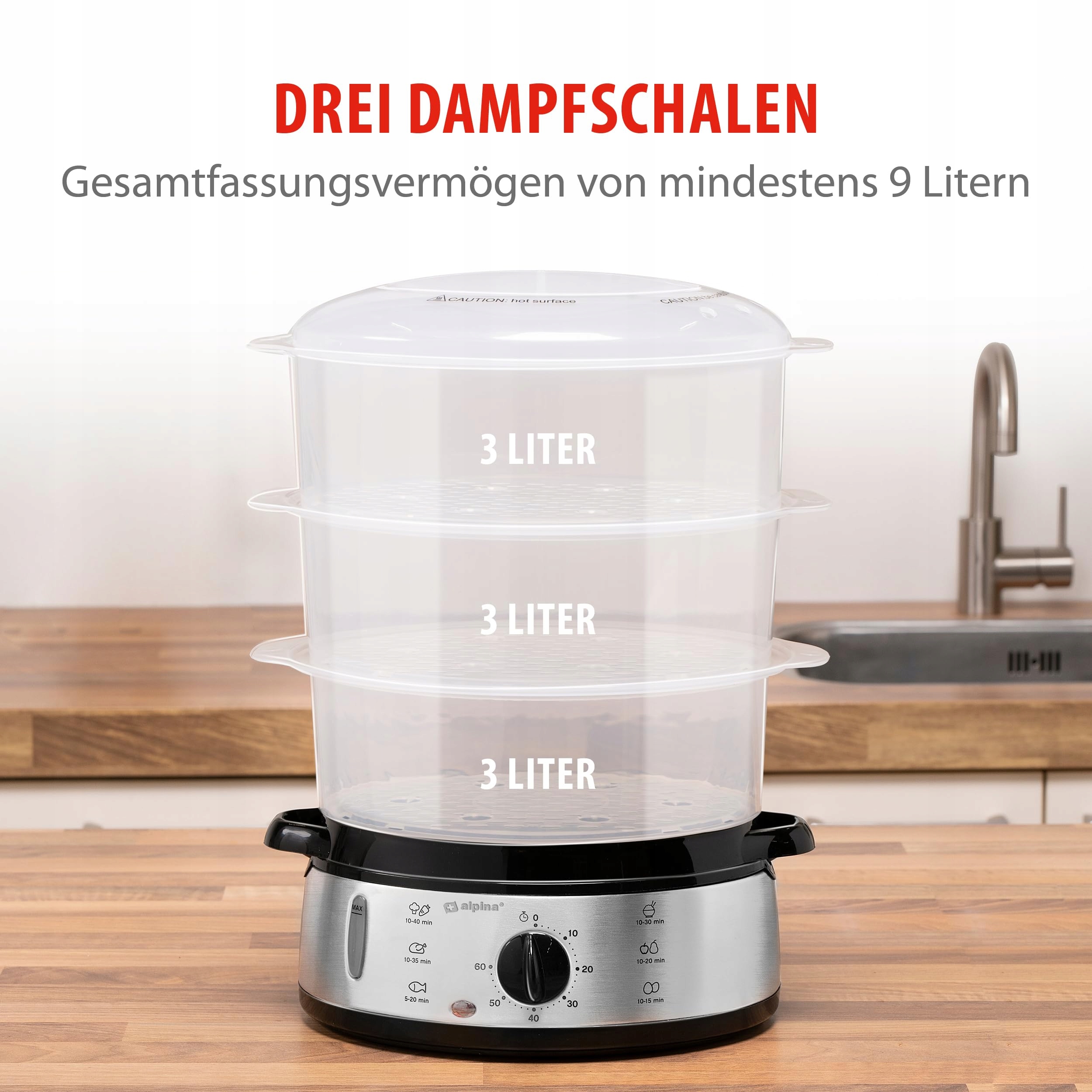 ALPINA Parowar 230V 800W 3 Poziomy BPA Free 9L Szary Plastik RVS — miniatura 4