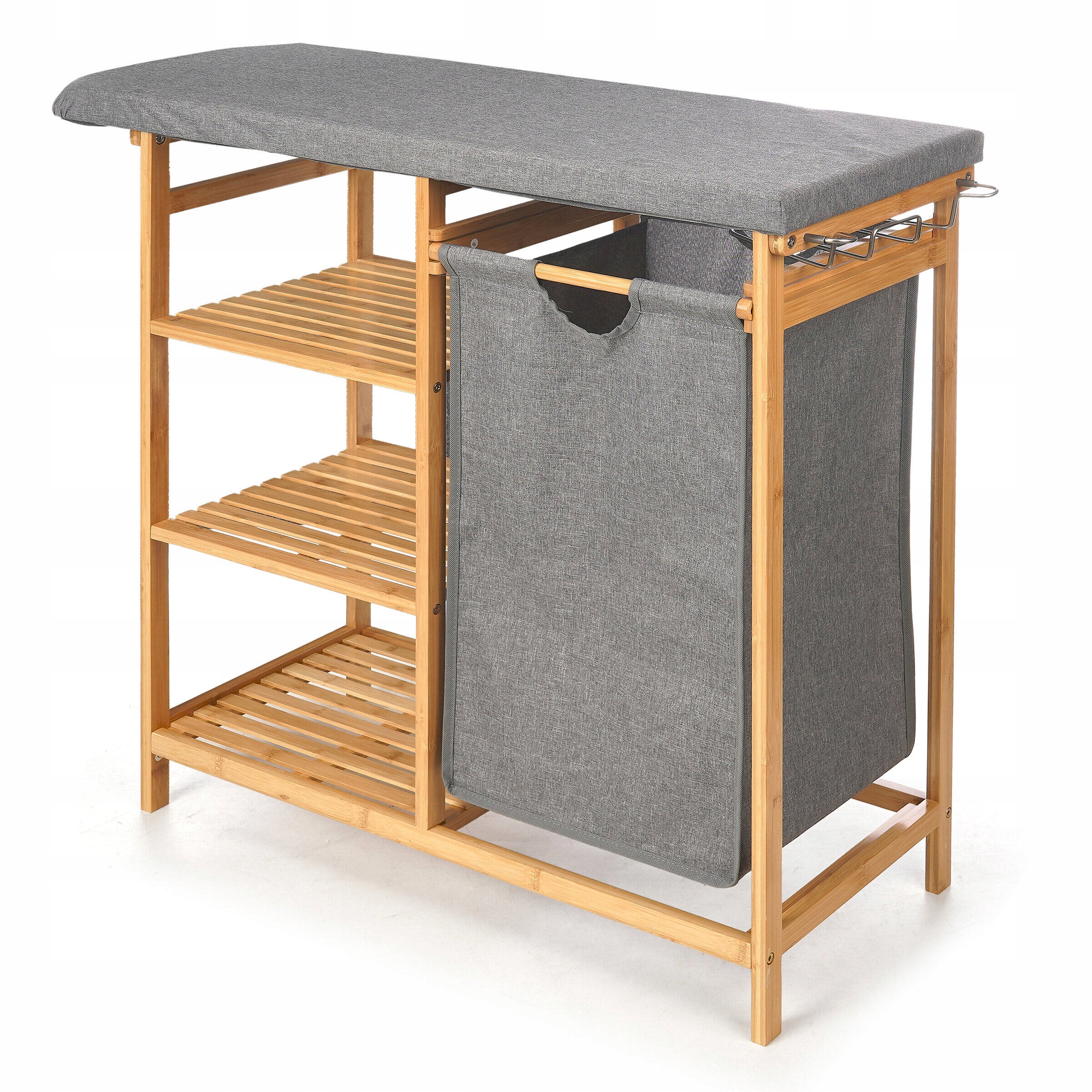 Bambusová Skrinka S Žehliacou Doskou, Kôš Na Bielizeň, Textil, Sivá
