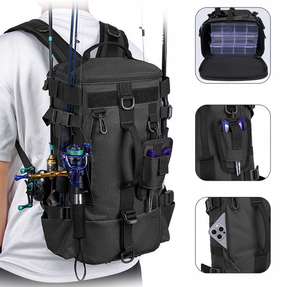Plecak Wędkarski Turystyczny Torba na Przynęty Pokrowiec na Wędki Czarny