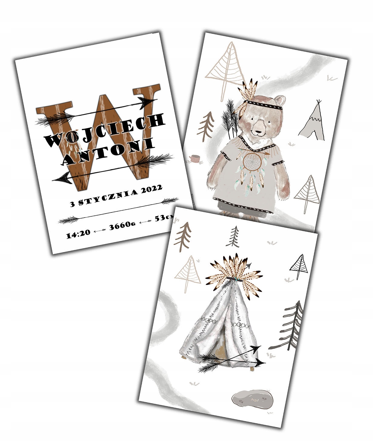 

3 szt Plakat Miś Indianin Tipi Skandynawski a3