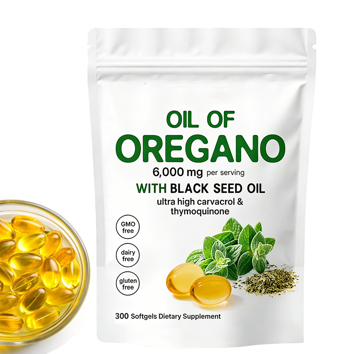 Oreganový olej 300 kapslí, 2v1 s olejem z černého kmínu 200 mg