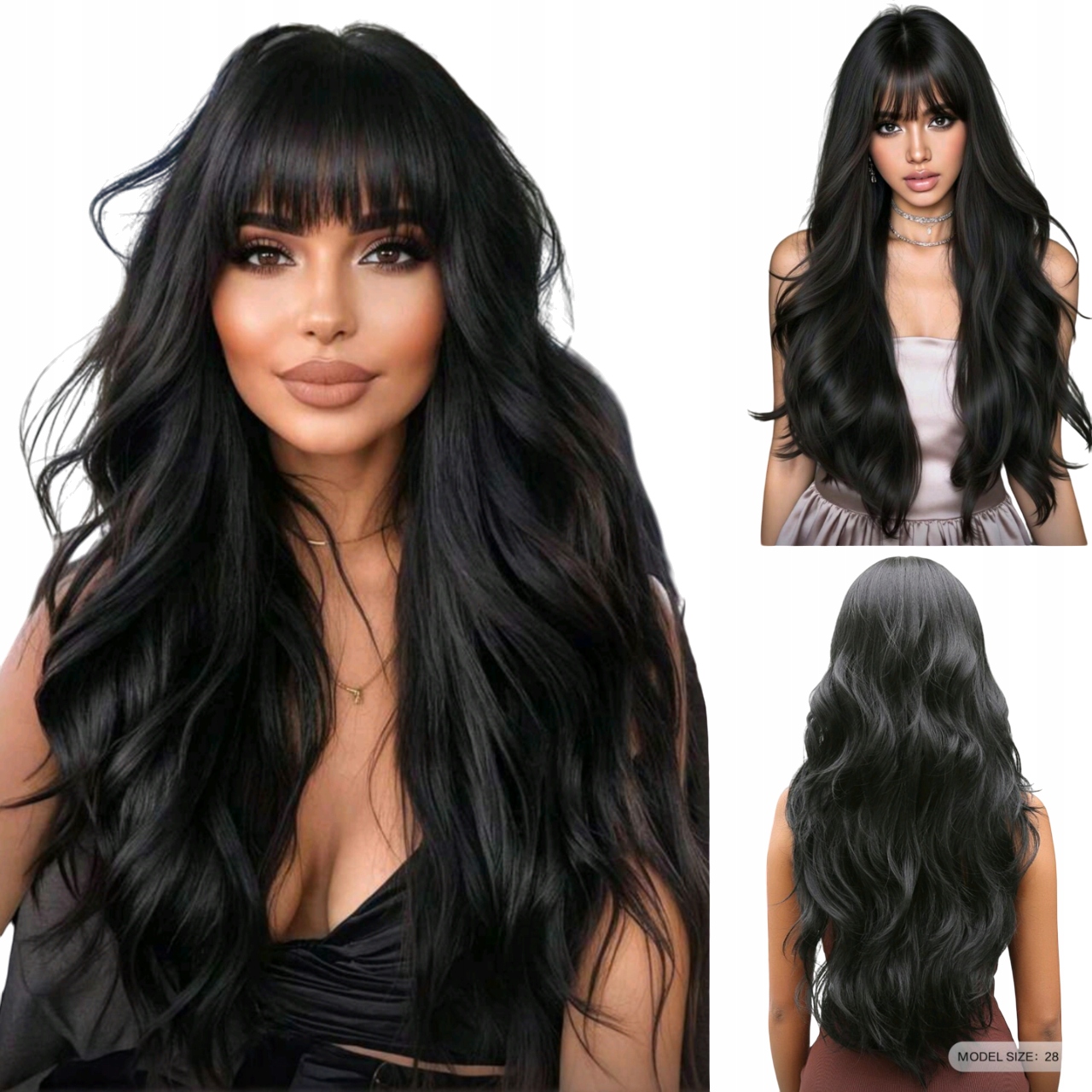 Peruka damska czarne długie włosy jak naturalne Czepek