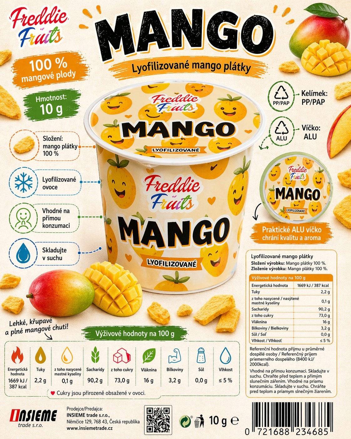 Lyofilizovaný mango Freddie Snack - plátky 10g