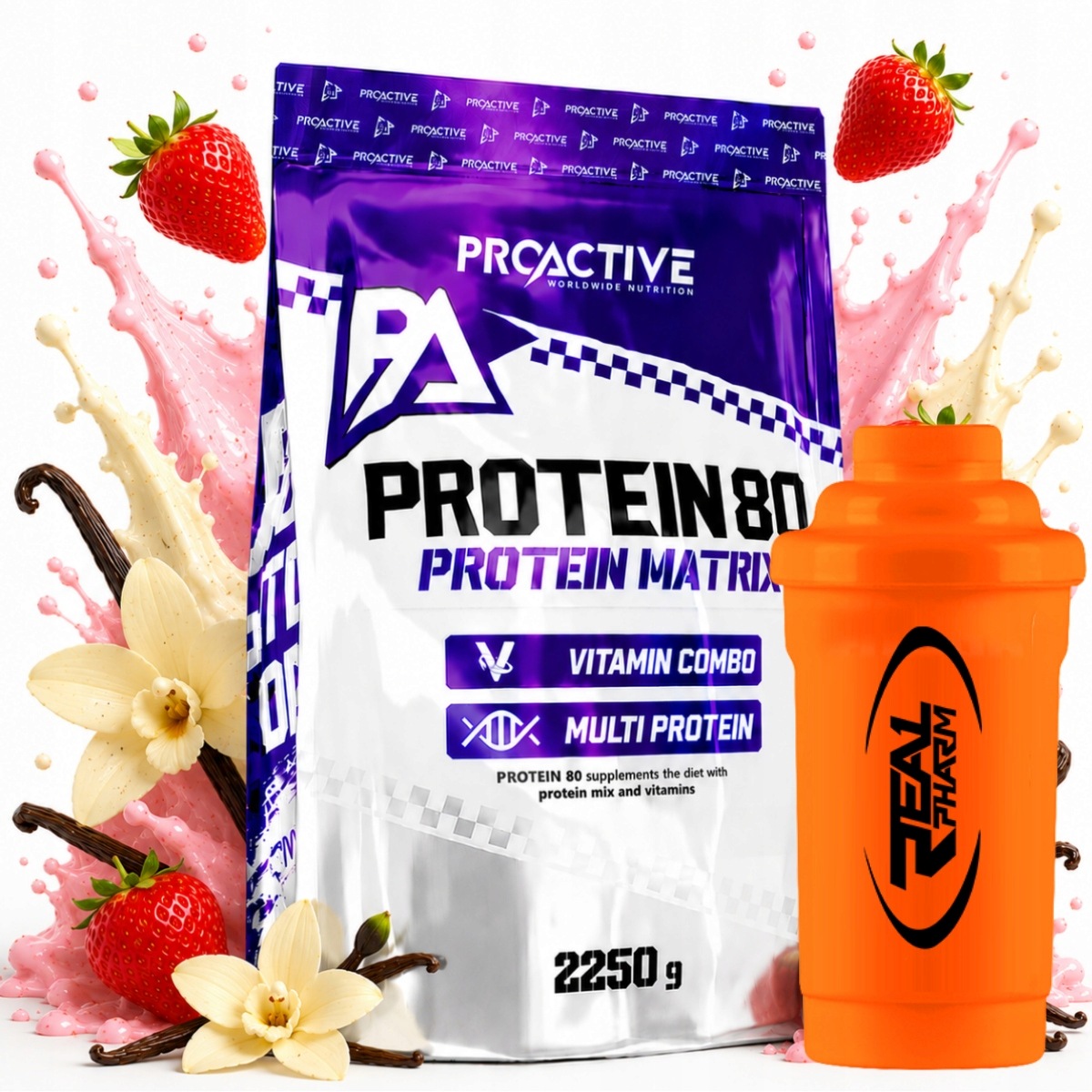 Bílkovina mix bílkovin ProActive Protein 80 2250 g Vanilka Jahoda Shaker