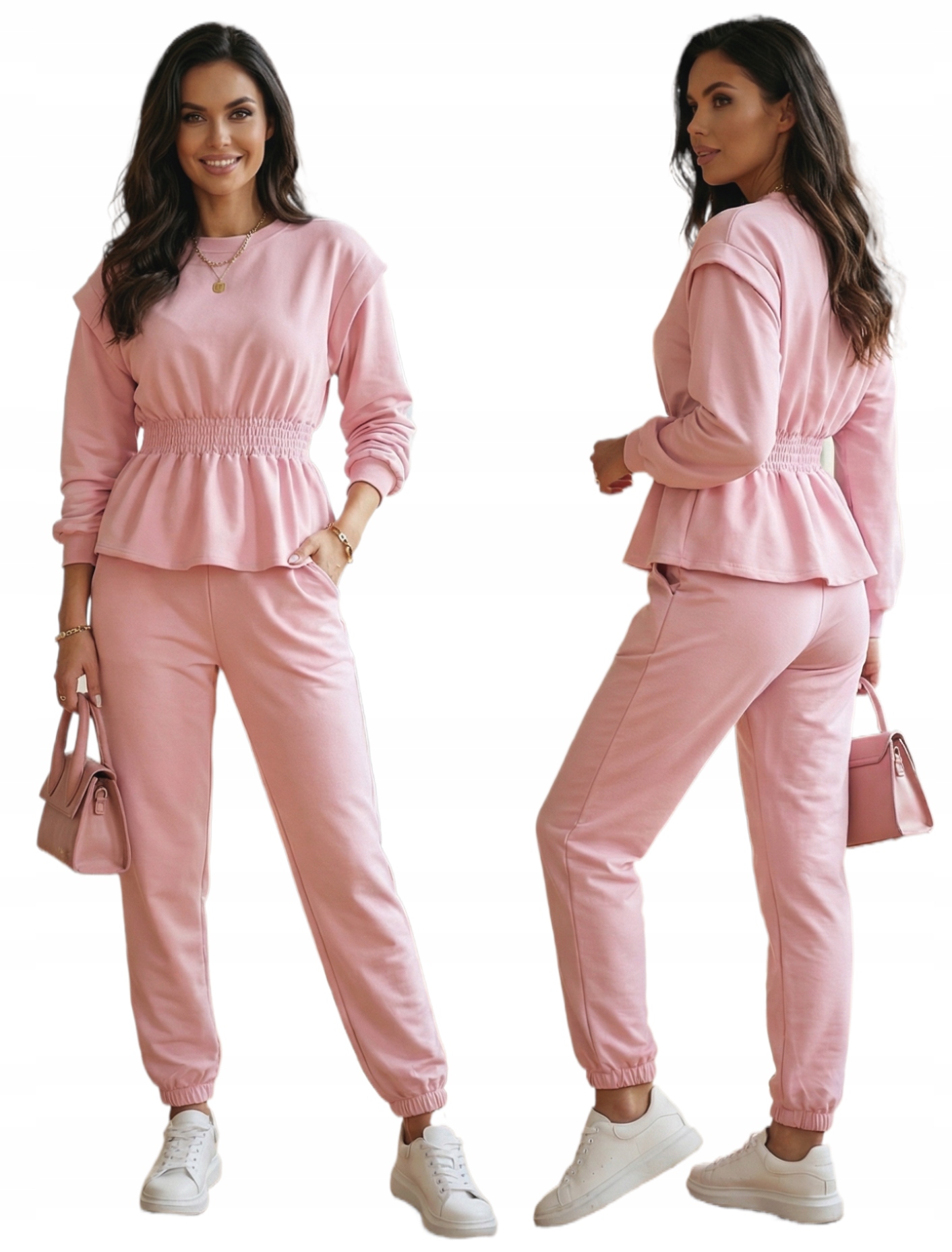 Elegantní Tepláková Souprava Pudrová Růžová Mikina s Baskinkou Masełko