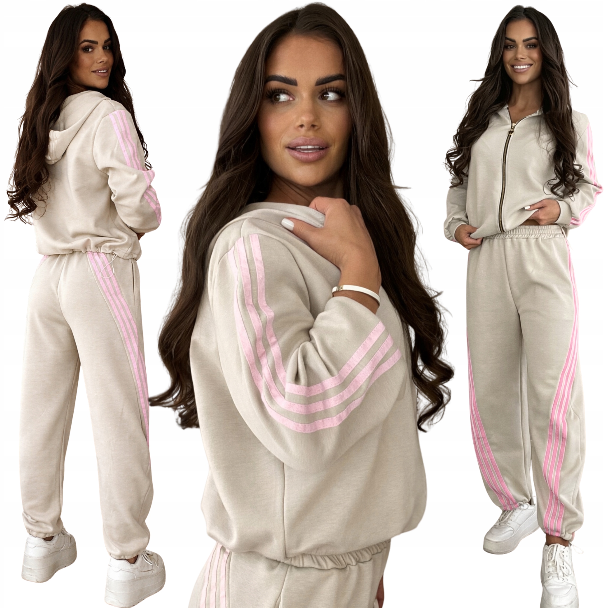 Dres Damski Zestaw Komplet Kobiecy Kaptur Lampasy Premium Wiskoz Beż 3172