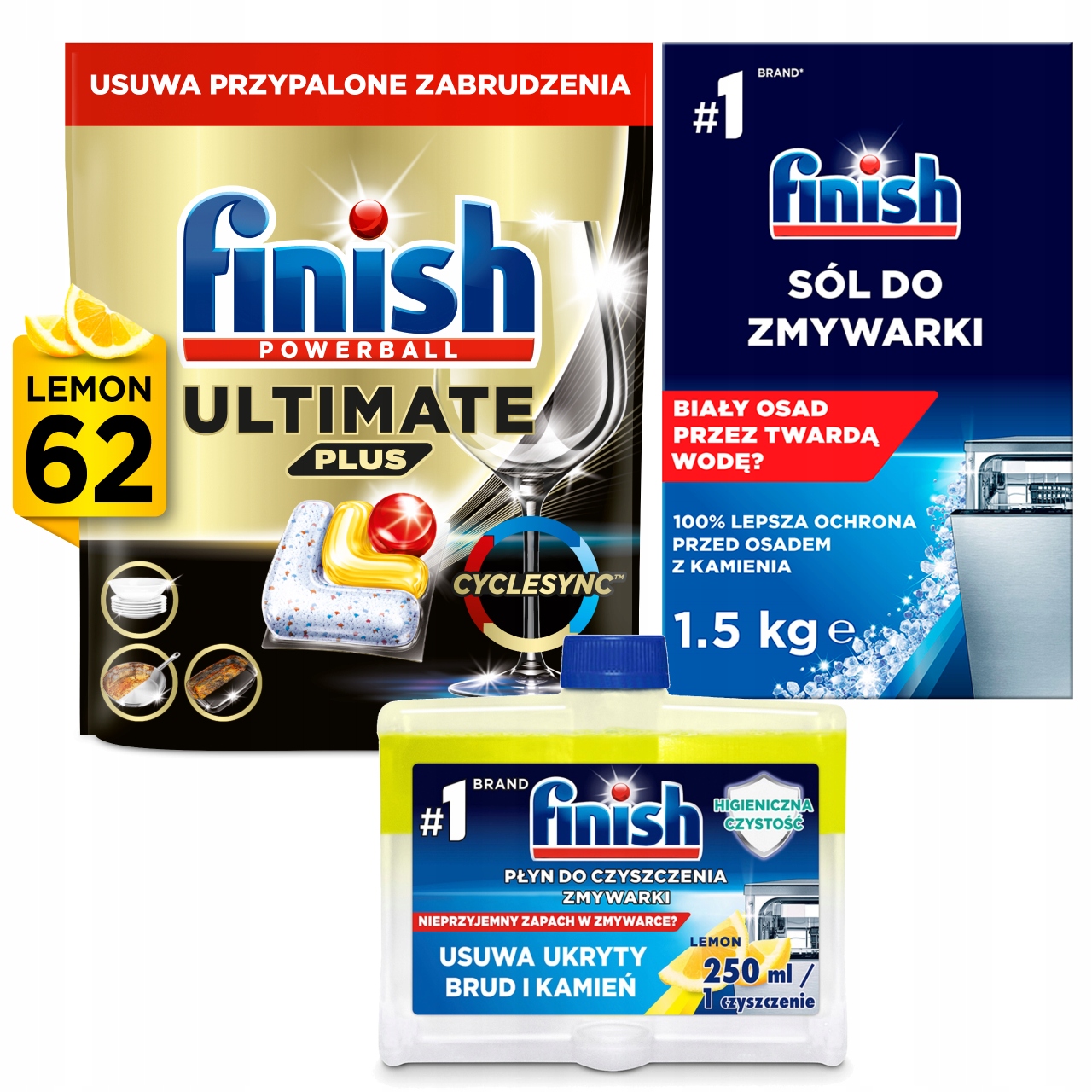 Finish Sada na mytí nádobí Kapsle Ultimate 62 kusů sůl 1.5 kg a čistič