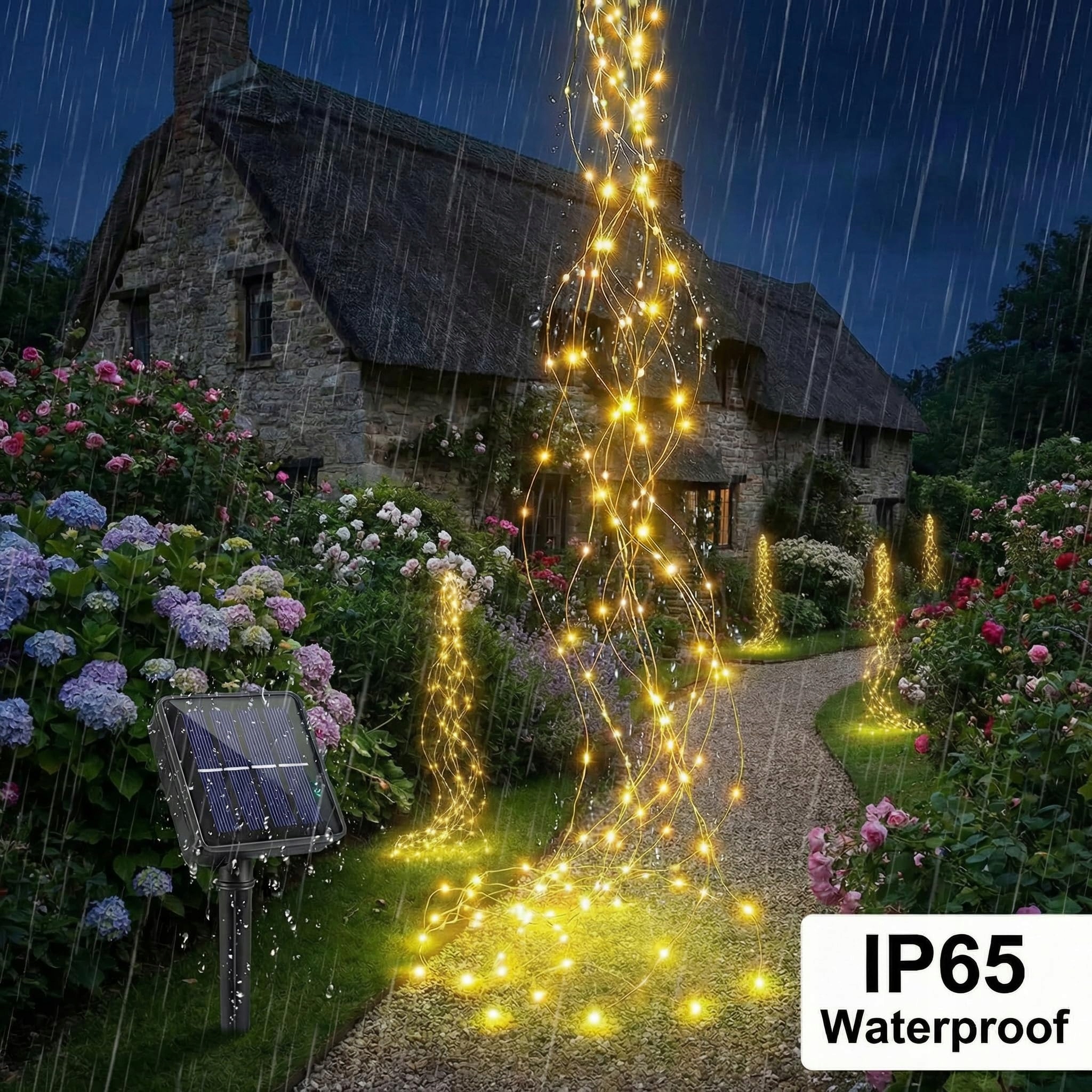 BG9D Solarna Girlanda Zewnętrzna 12 Sznurków 144 LED Wodospad IP67 Ogród — miniatura 5