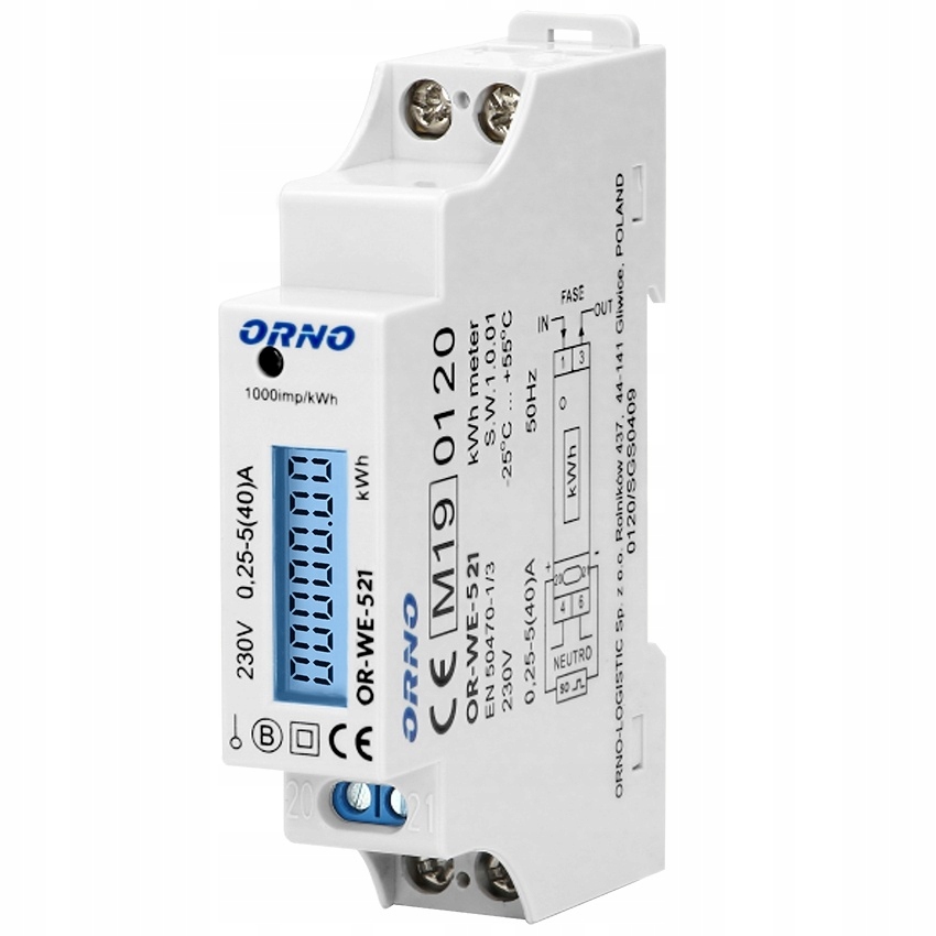 

Licznik energii 1 fazowy z MID Orno OR-WE-521 40A
