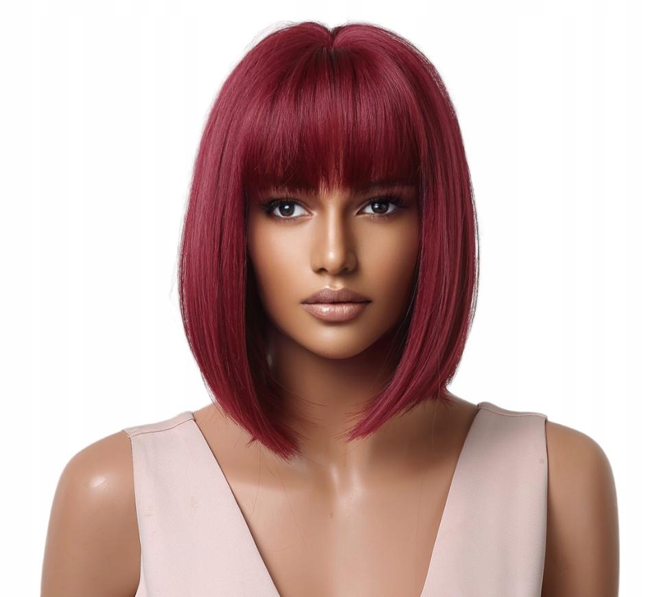 Peruka bordowa krótki bob z grzywką włosy jak naturalne peruki damskie