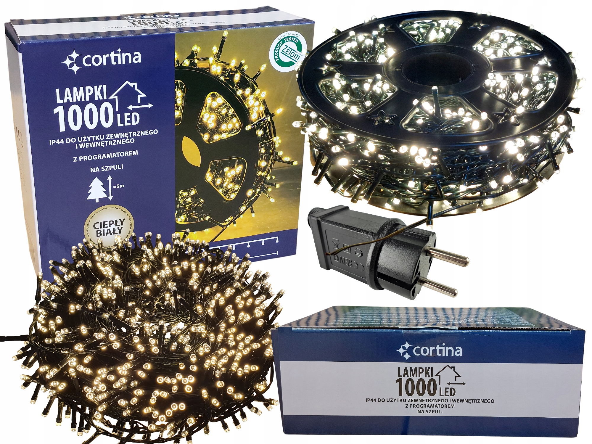 LAMPKI CHOINKOWE 1000 LED ATEST 51,5M BIAŁE CIEPŁY BIAŁY PROGRAMY CHOINKA