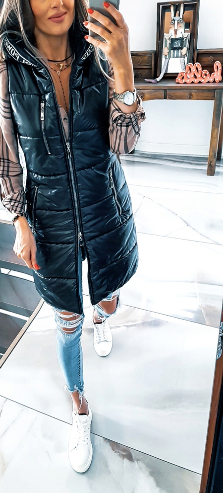 KAMIZELKA DŁUGA PIKOWANA BEZRĘKAWNIK Z NAPISAMI 40 / 42 Marka bez marki