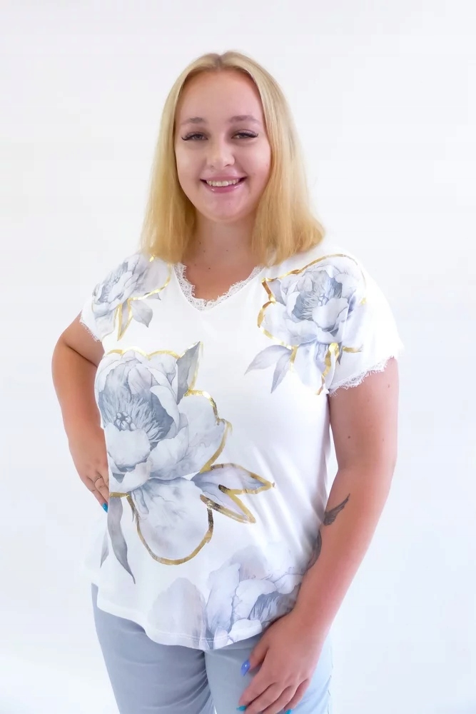 Elegantní Květinová halenka se zlatým zdobením Bílo popelavá Uni