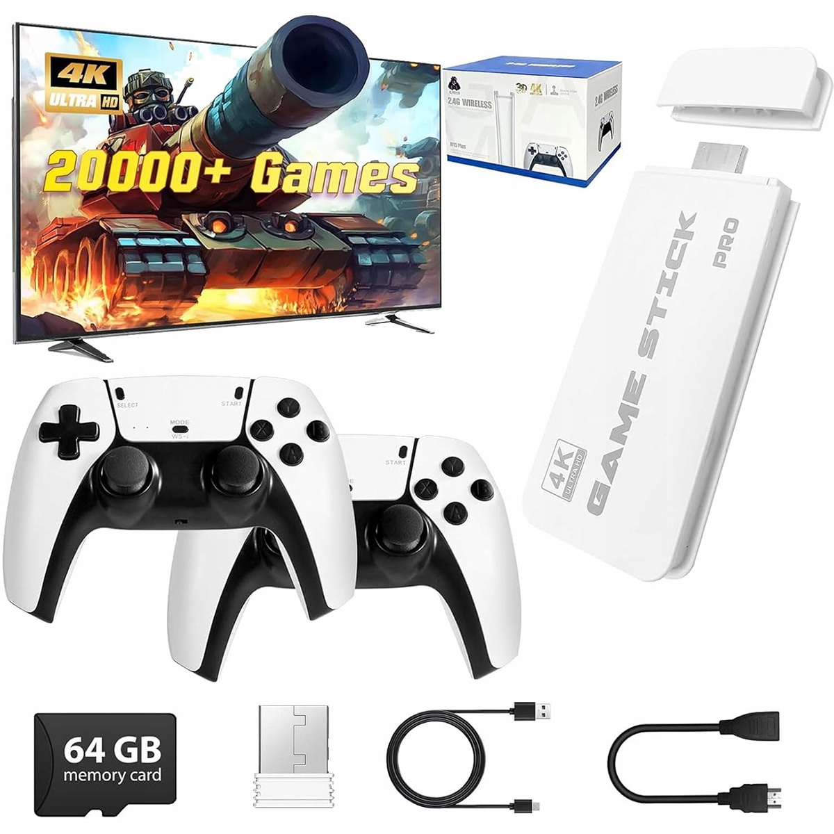 Konsola Retro Gra Telewizyjna Hdmi 20000 Gier 2 Pady 64 Gb Bezprzewodowe