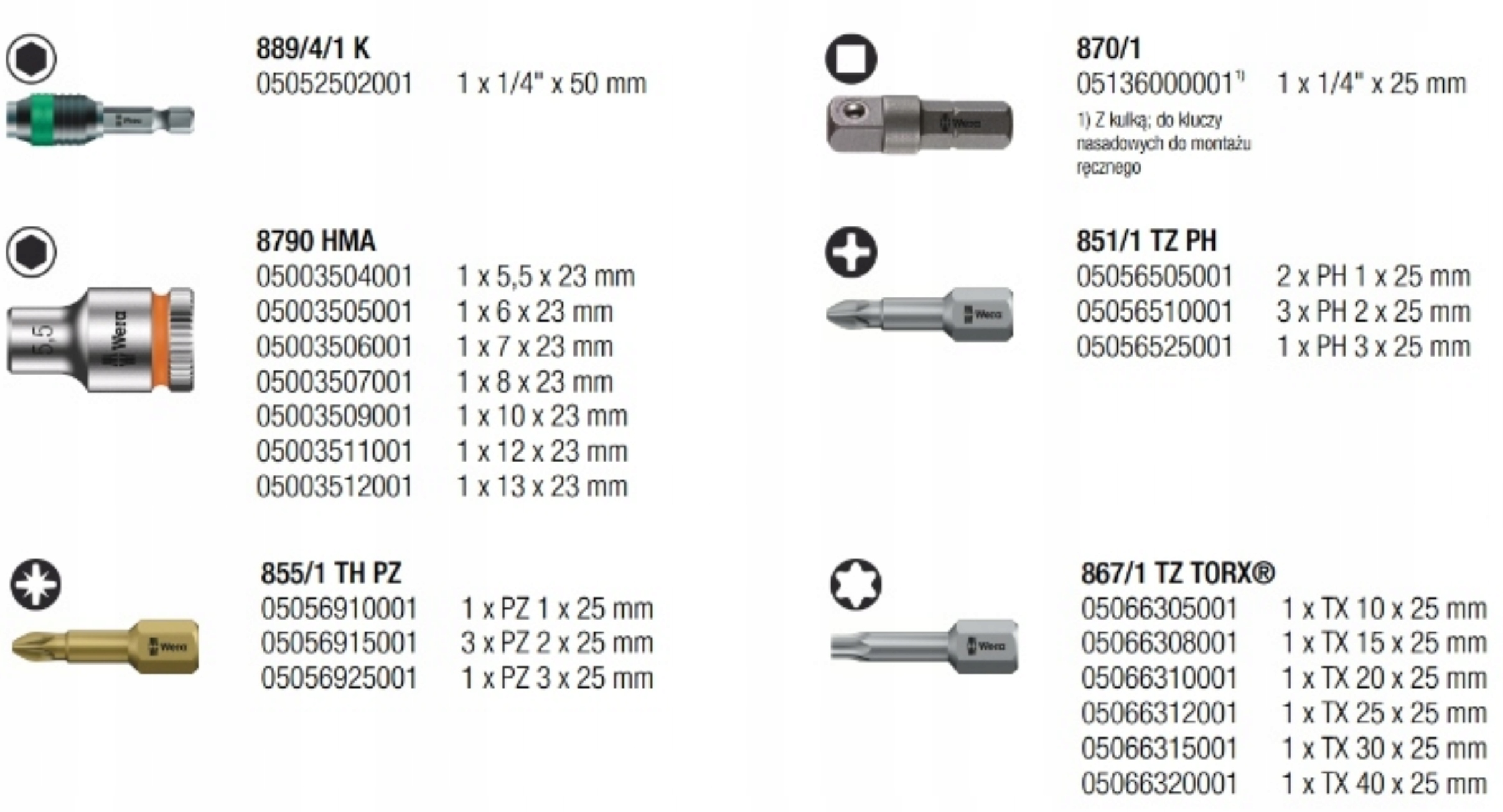 Zestaw Bitów Kluczy Nasadki Wera Tool-Check Plus Podręczne Roweru Samochodu Długość bitu 25mm