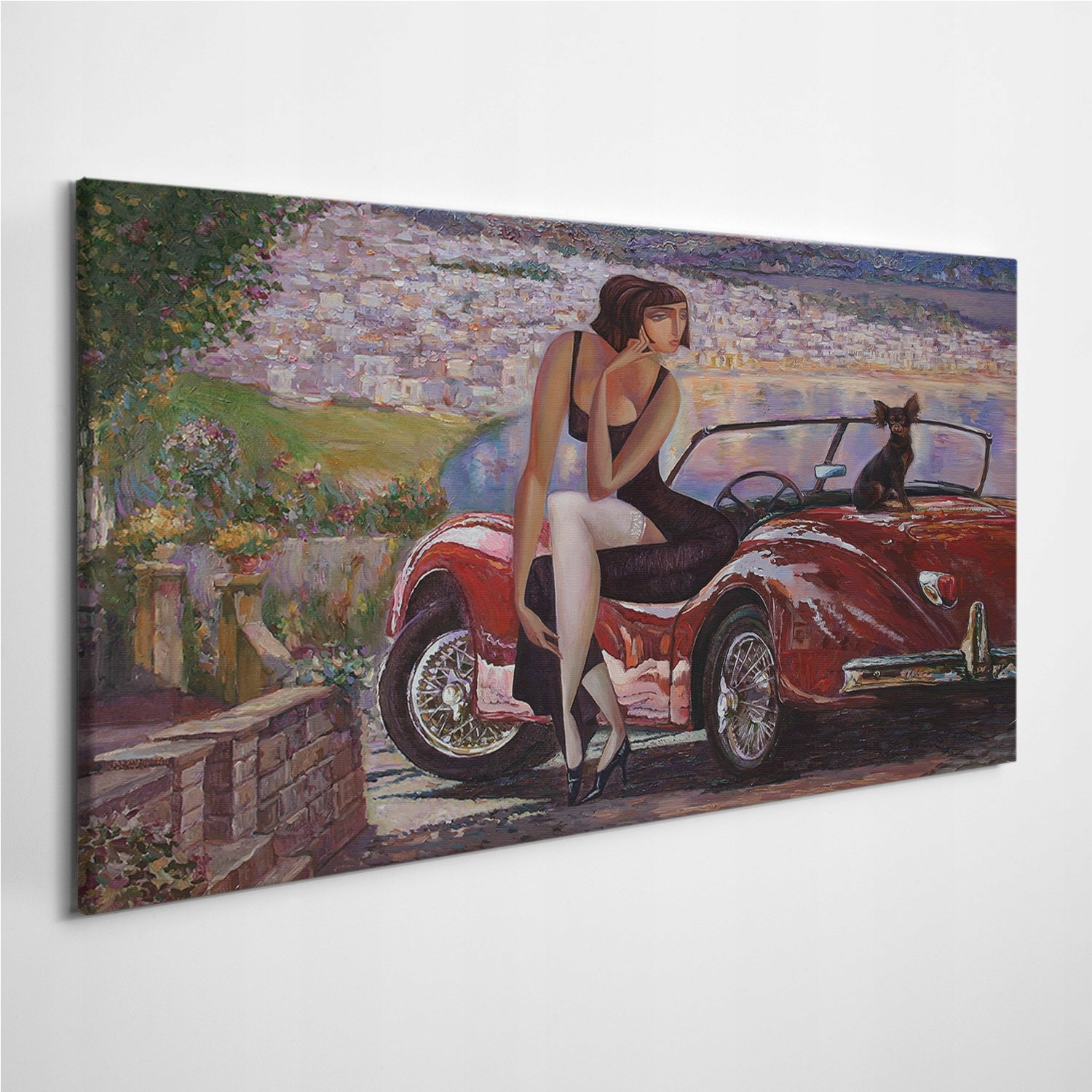 

Zdjęcie na płótnie Retro Auto Kobieta Pies 140x70