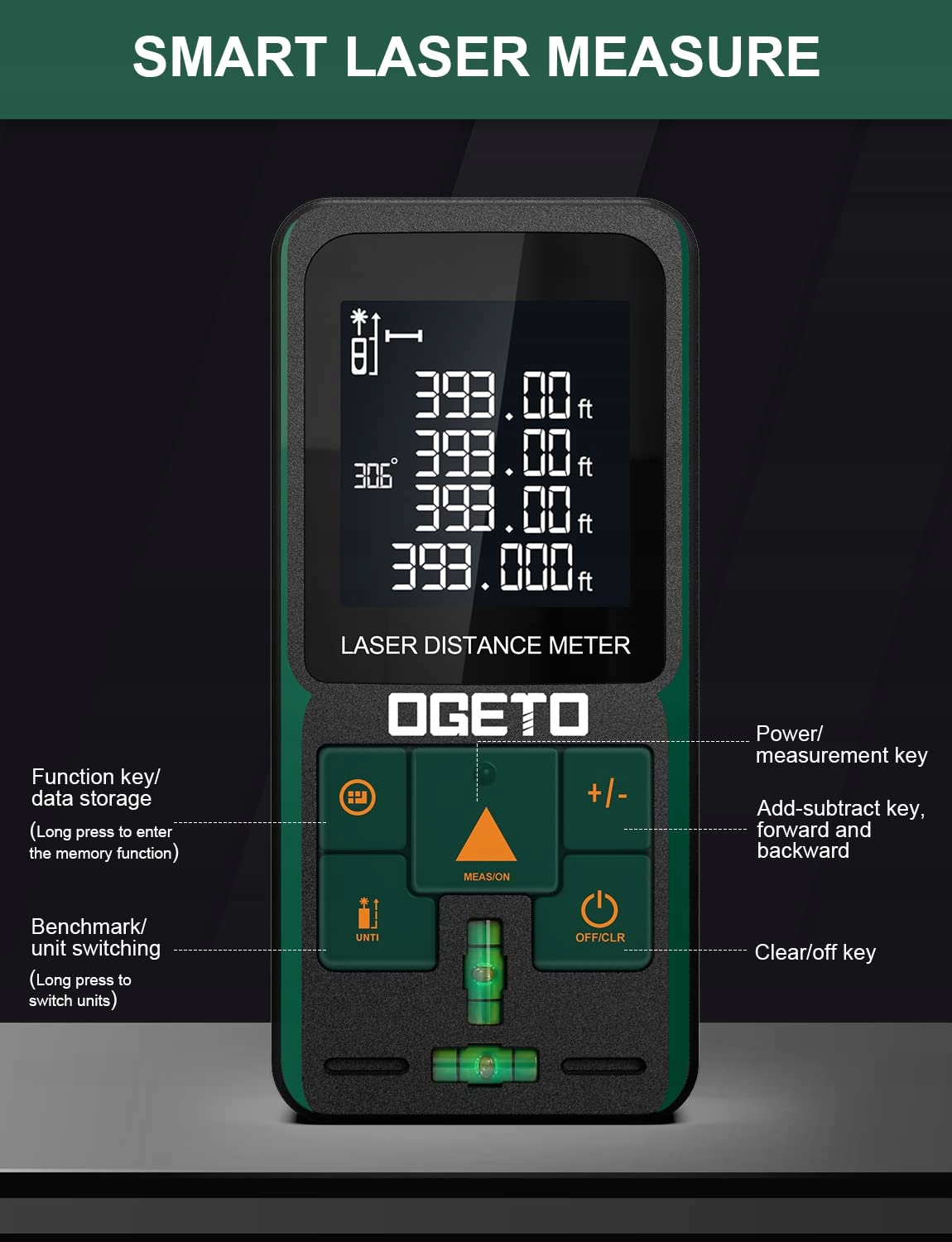 OGETO Dalmierz Laserowy 120m LCD Pomiar Odległości Kąt Pythagoras — miniatura 7