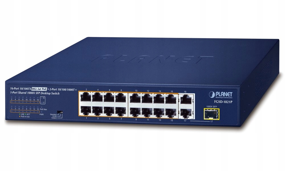 Planet FGSD-1821P PoE switch, 16x100M 1xGb/SFP, extend mód 10Mb-250m, PoE