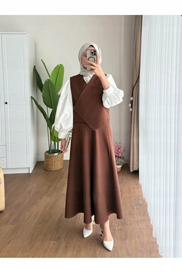 Hnědý Dámský Komplet S Hladkými Záševky Elegantní M 5IA