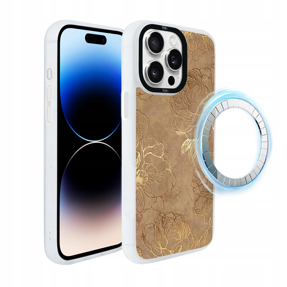 Pouzdro pro iPhone 14 Pro Ibizu DropGuard Matt s MagSafe, zlaté pivoňky, bílé