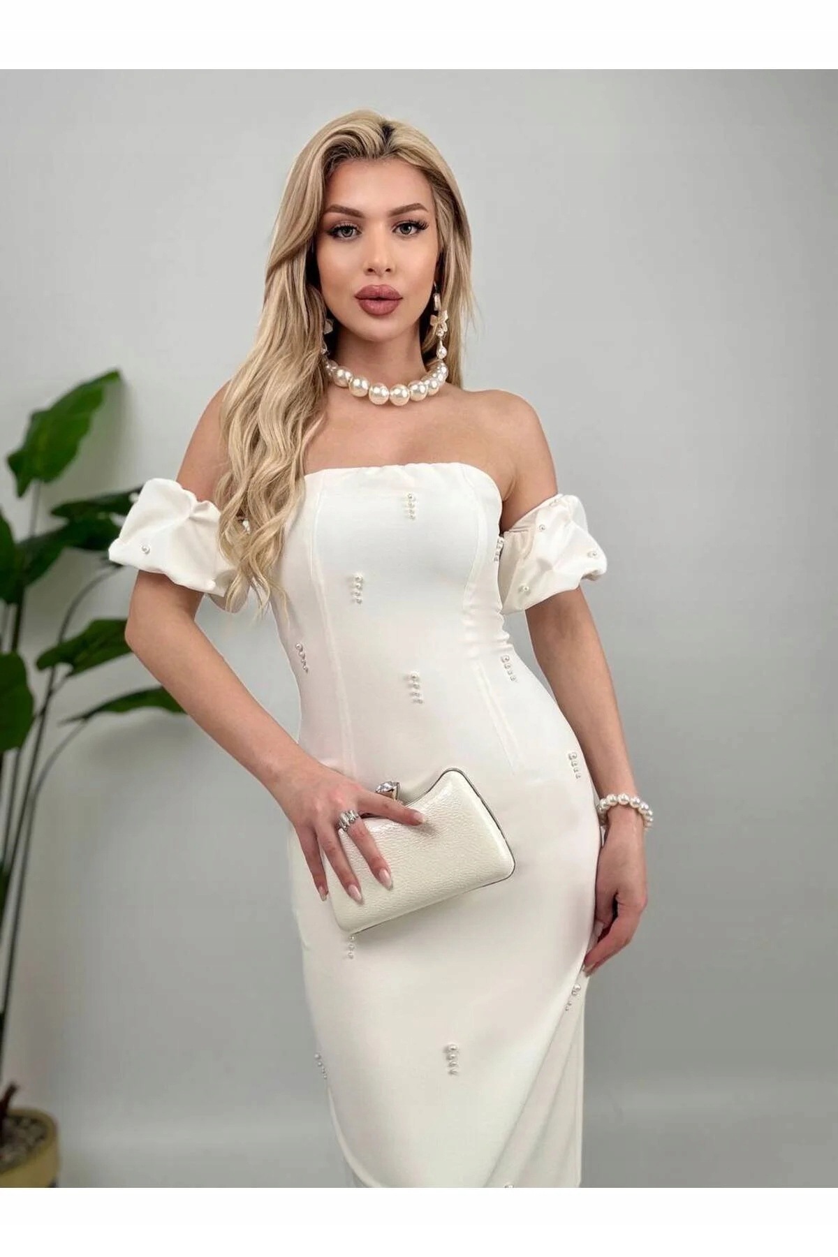 Elegantní Šaty Sukně S Perličkovými Detaily A Bufíky L 5IA