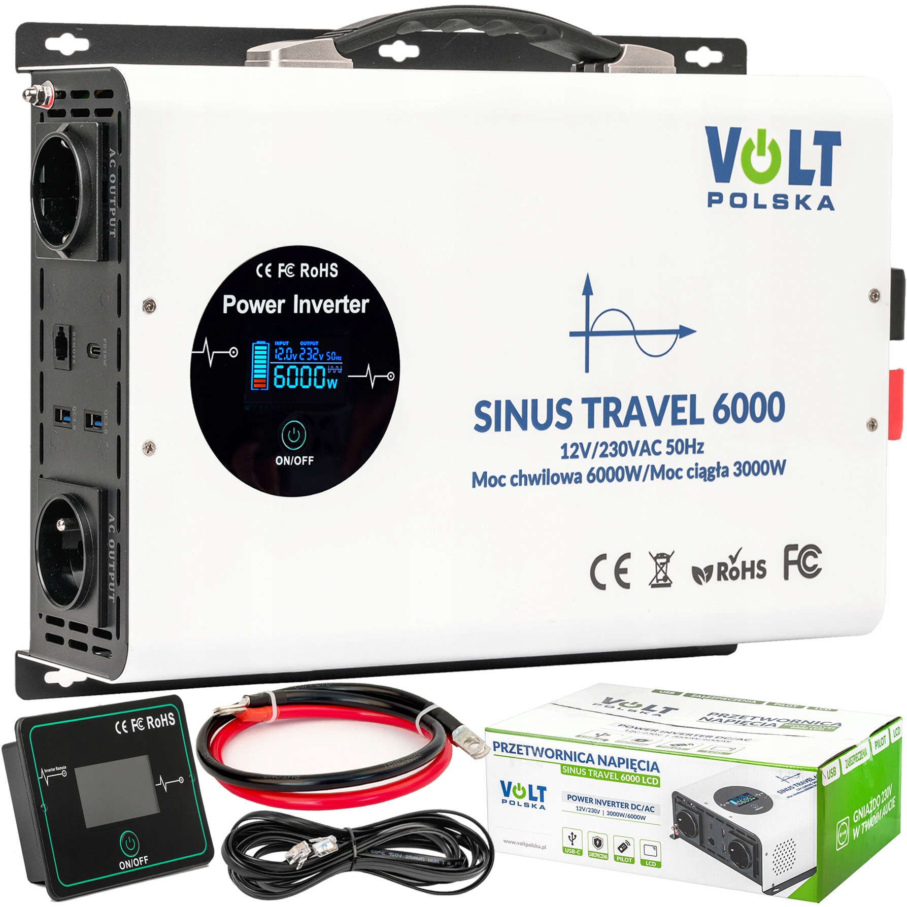 Przetwornica Prądu Napięcia Sinus 12V 230V Volt Travel 3000/6000W LCD Pilot