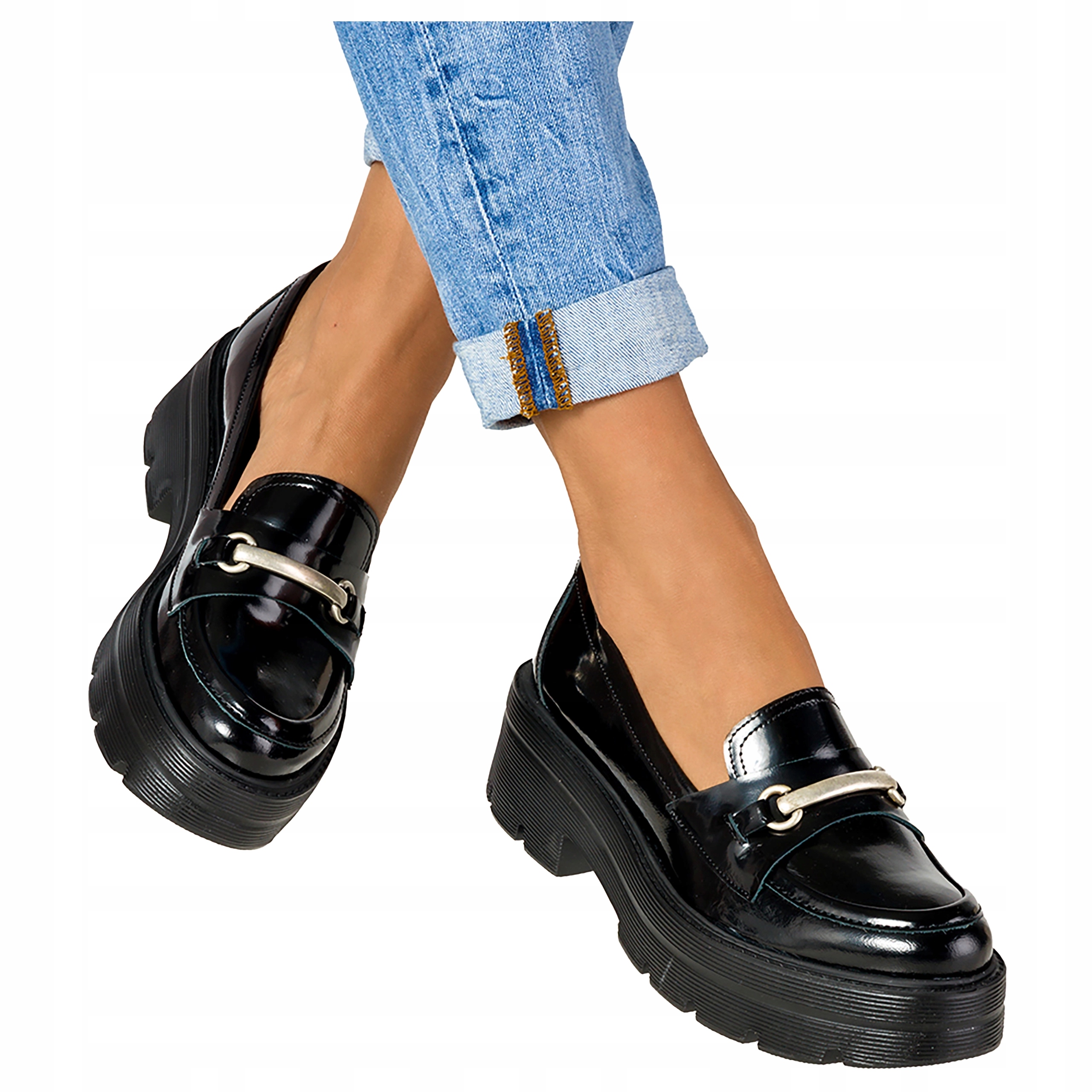 Kožené Mokasíny Dámské Černé Na Platformě Polobotky Polský Výrobek vel 37