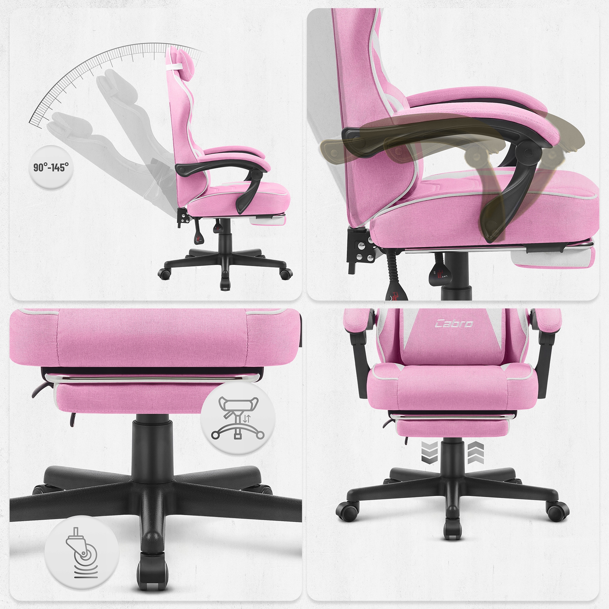 ІГРОВЕ КРІСЛО CABRO C502 FABRIC PINK WHITE FABRIC Додаткові функції підніжка поперекова подушка підголівник подушка лежачи