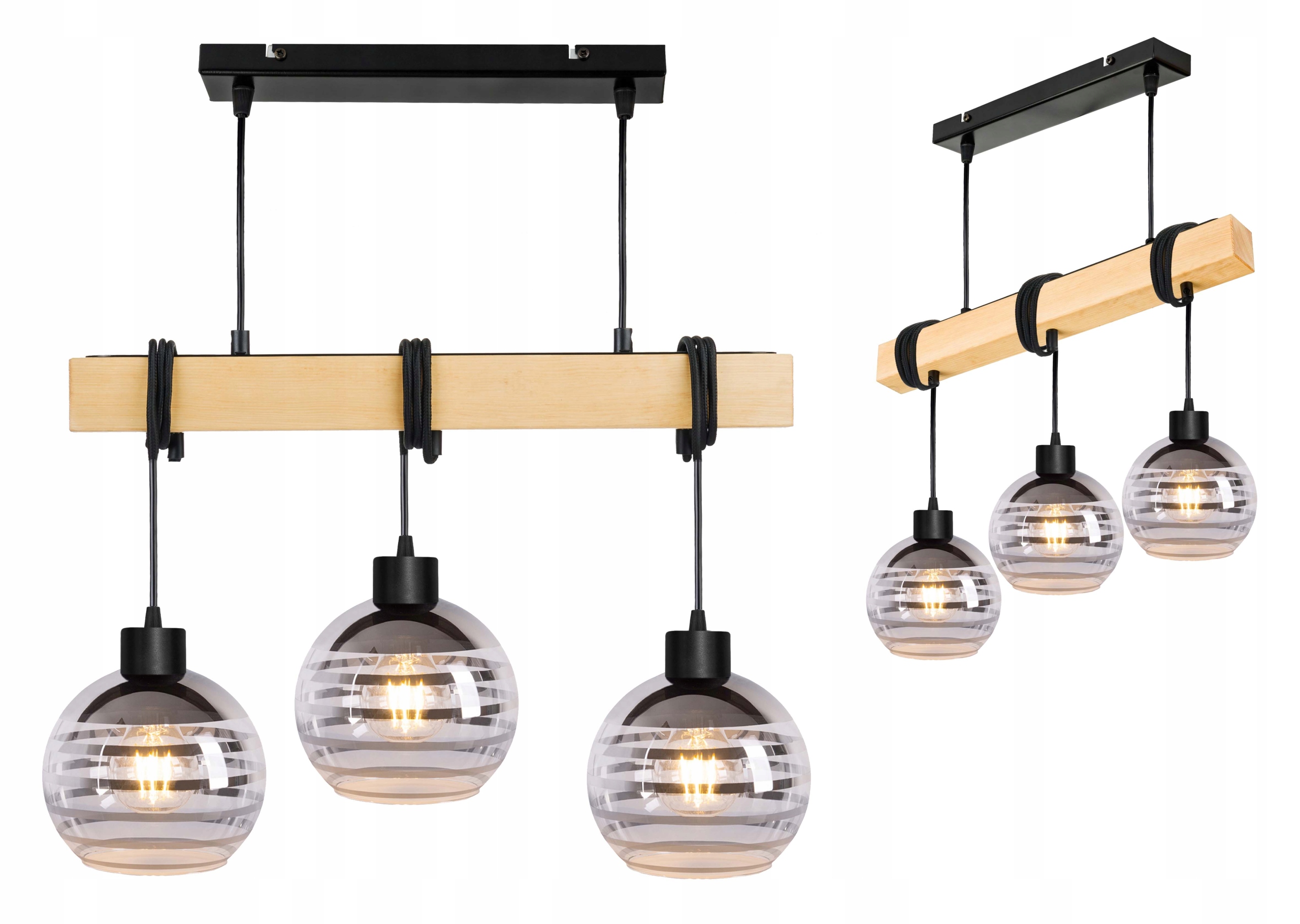 Dřevěná závěsná stropní lampa Lustr Zwis Loft, skleněná, 3x E27