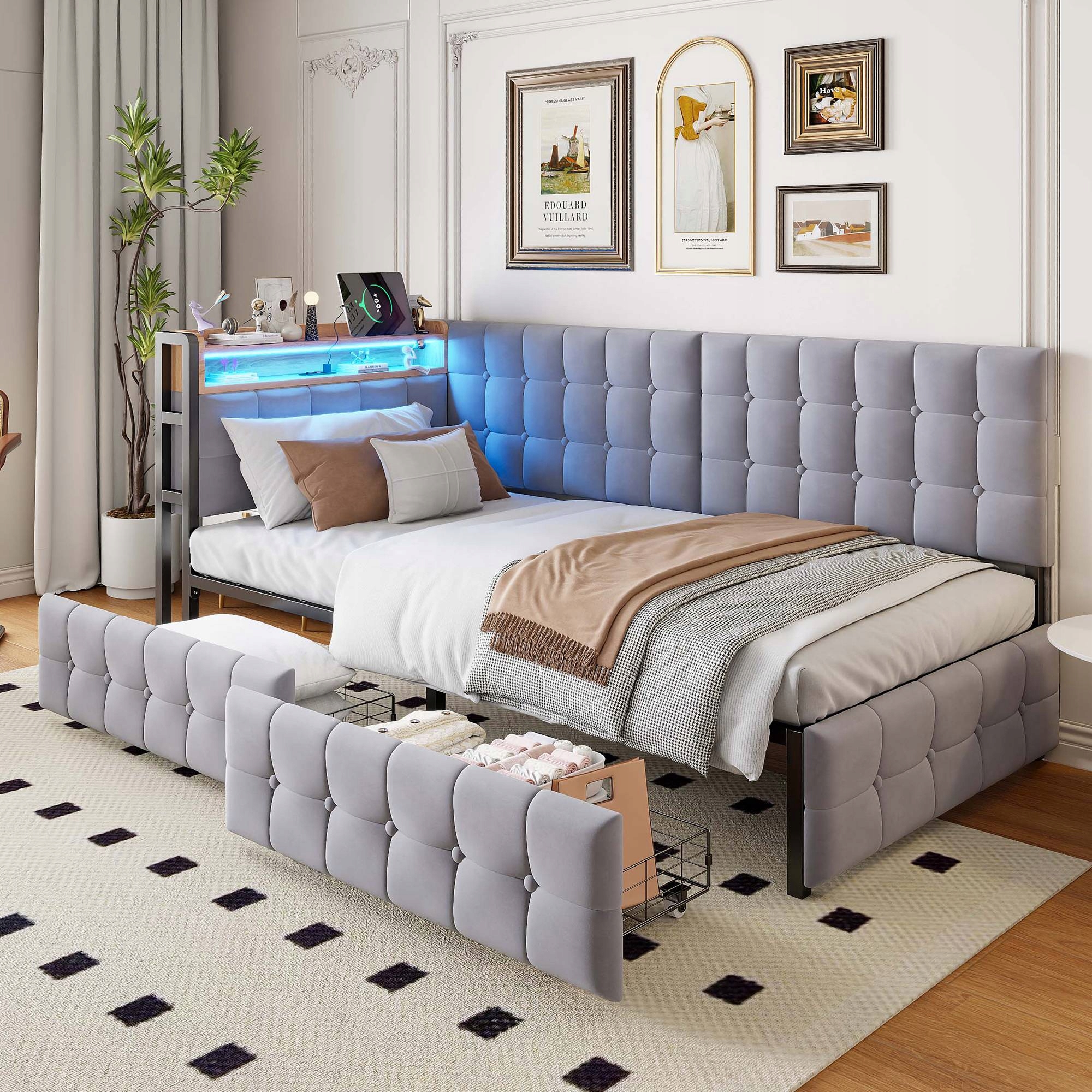 Čalouněná postel Sofa s funkcí spaní 2 zásuvky Usb TypeC 90x200 cm šedá