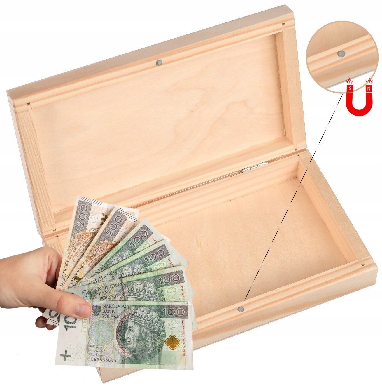 Drewniane Pudełko Na Pieniądze Banknoty z Magnesem
