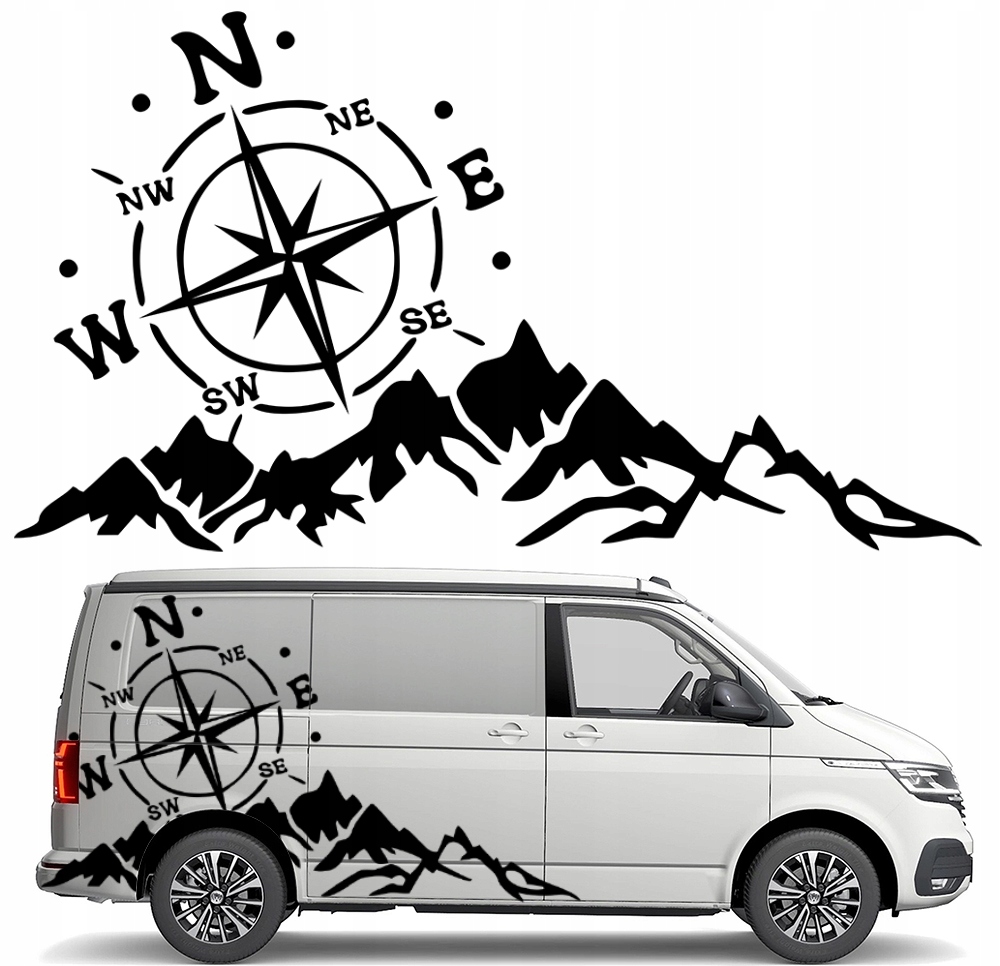 Samolepka Grafika na karavan Kompas Růže Větrů Hory Horské Pásmo 90x161