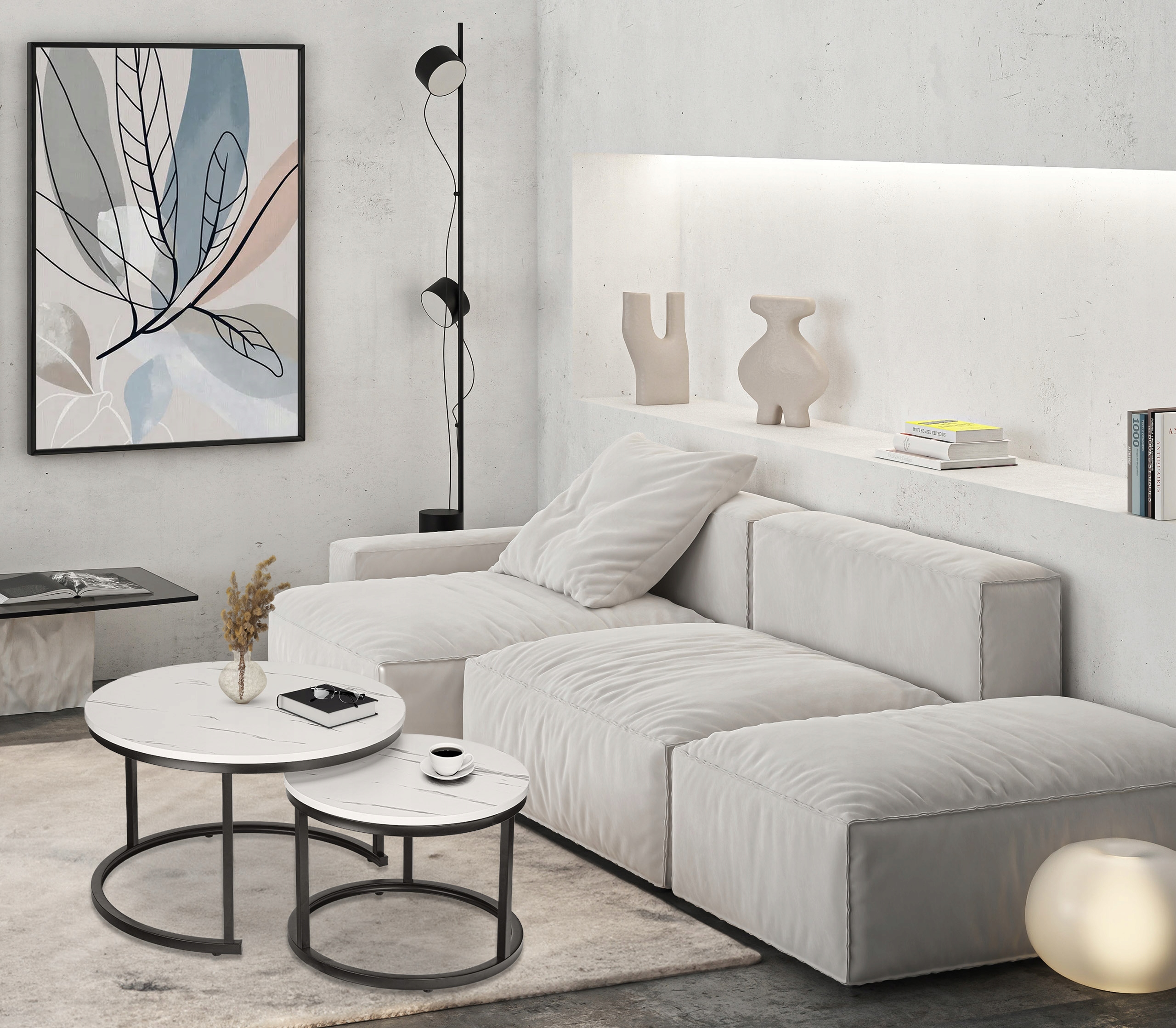 Konferenční Stolky Sada 2V1 Loftová Lavice Industriální Mramor Bílá Černá Konstrukce