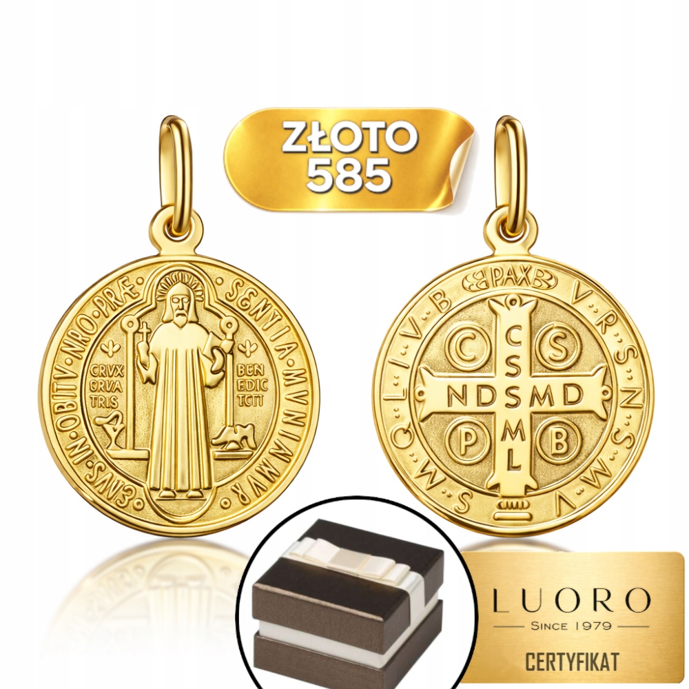 Zlatý Medailon 585 14K Oboustranný Sv. Benedikt Velký 2,86 CM Elegantní