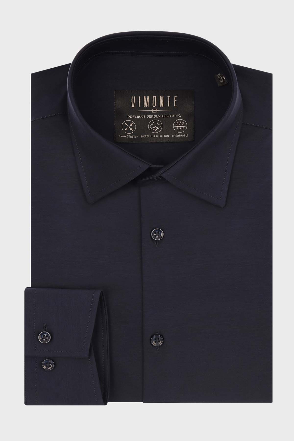 Tmavě modrá pánská košile Pletenina 4 Way Stretch 48-176/182 Slim Fit Vimonte