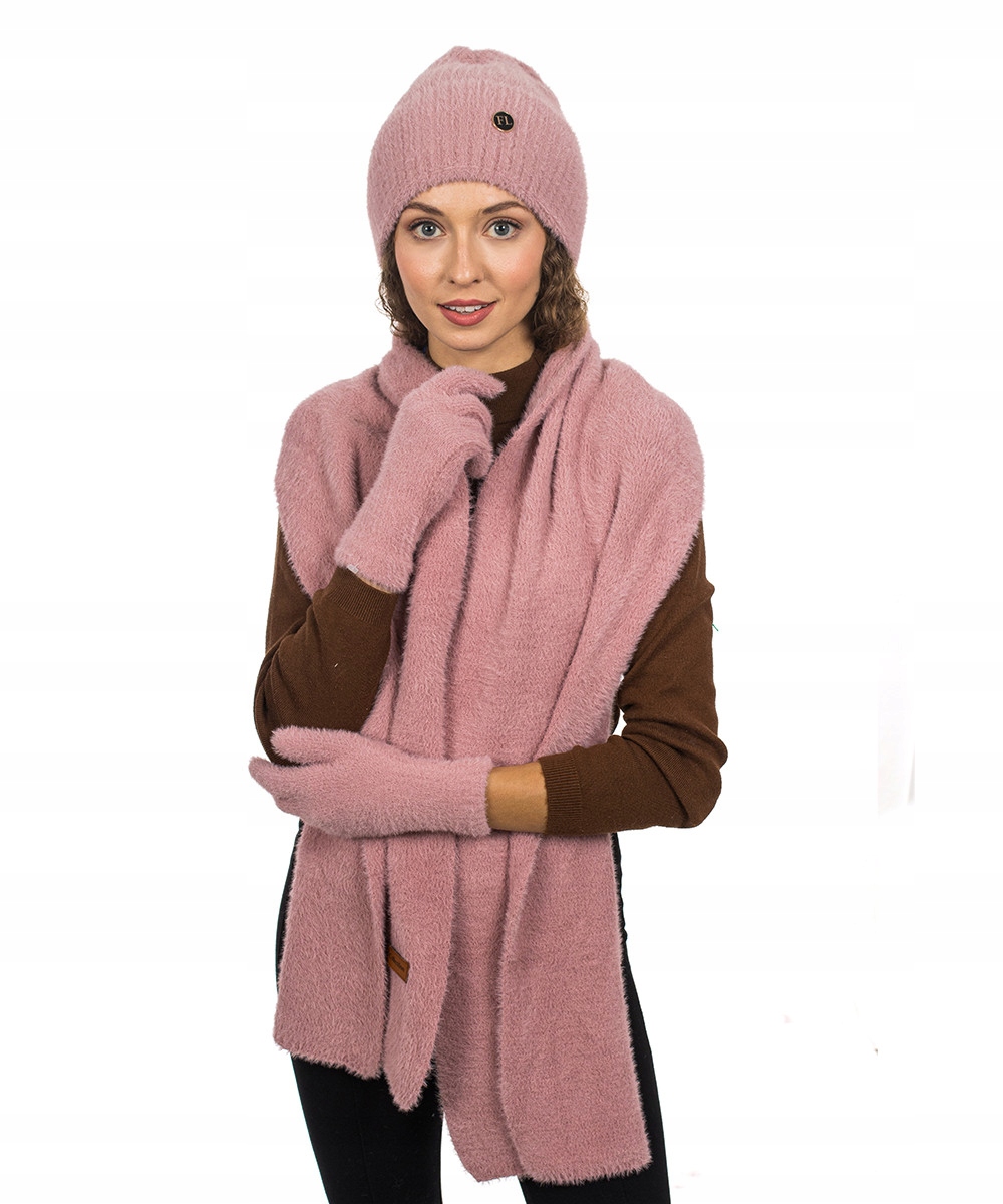 Starorůžová komplet Čepice Šála Rukavice 3v1 Zimní Teplá Alpaka