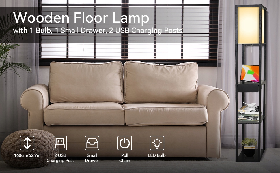 Lampa podłogowa Elecwish E27 8 W czarny 2 Usb Zasilanie sieciowe