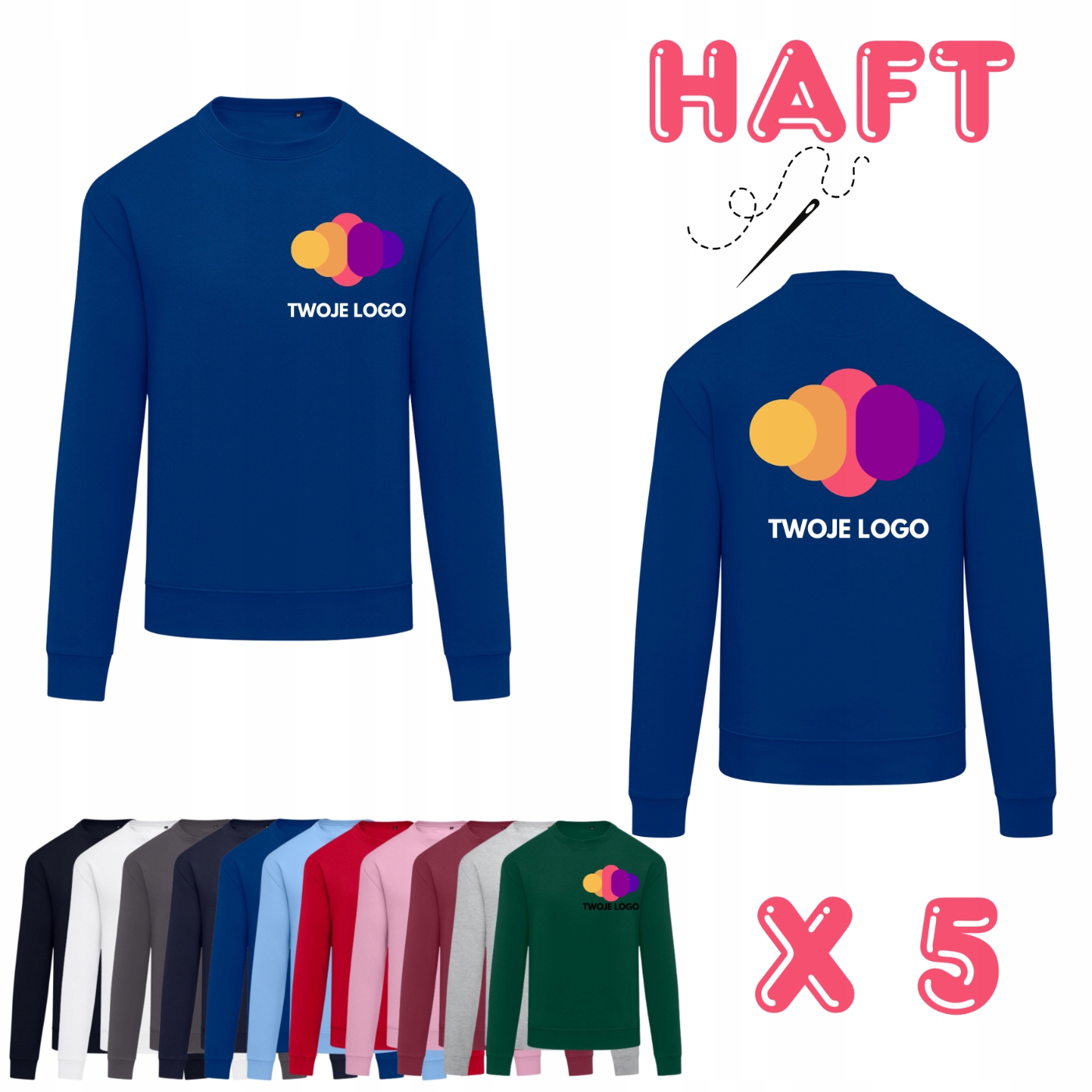 5 x Pánská Mikina S Výšivkou Bez Kapuce Logování Oblečení Výšivka Prsa+záda