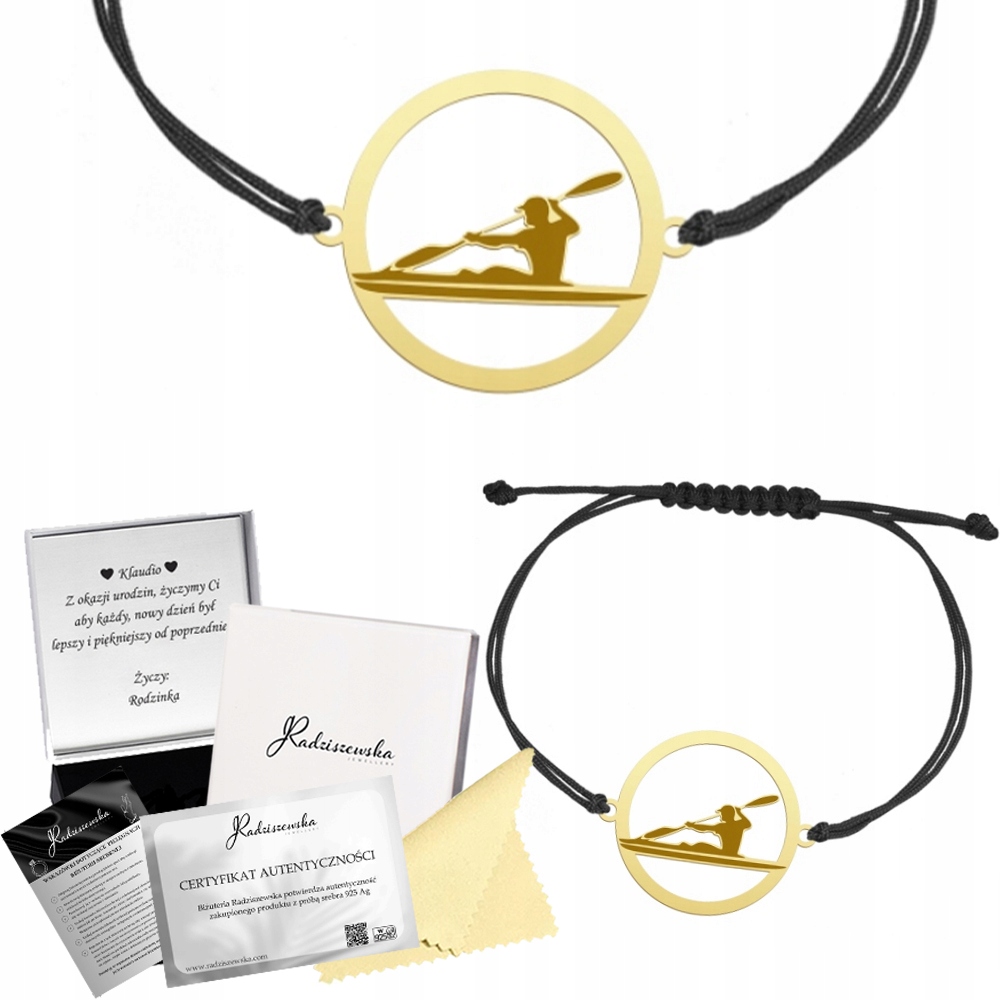 Zlatý Náramek S Kajakářem Kajakář Šňůra Stříbro 925 Dárek Gravírování