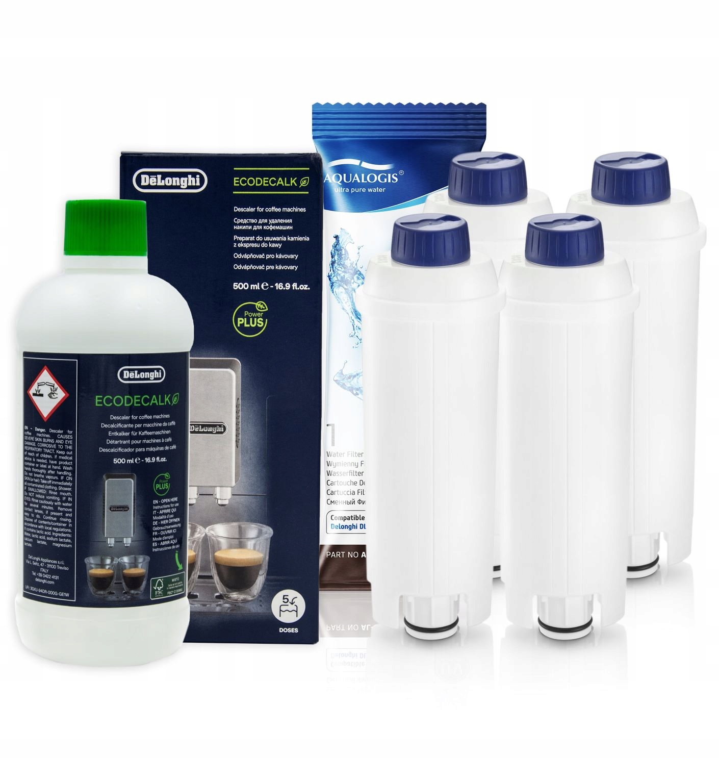 4x FILTR WODY + DeLonghi ODKAMIENIACZ 500ml ZESTAW