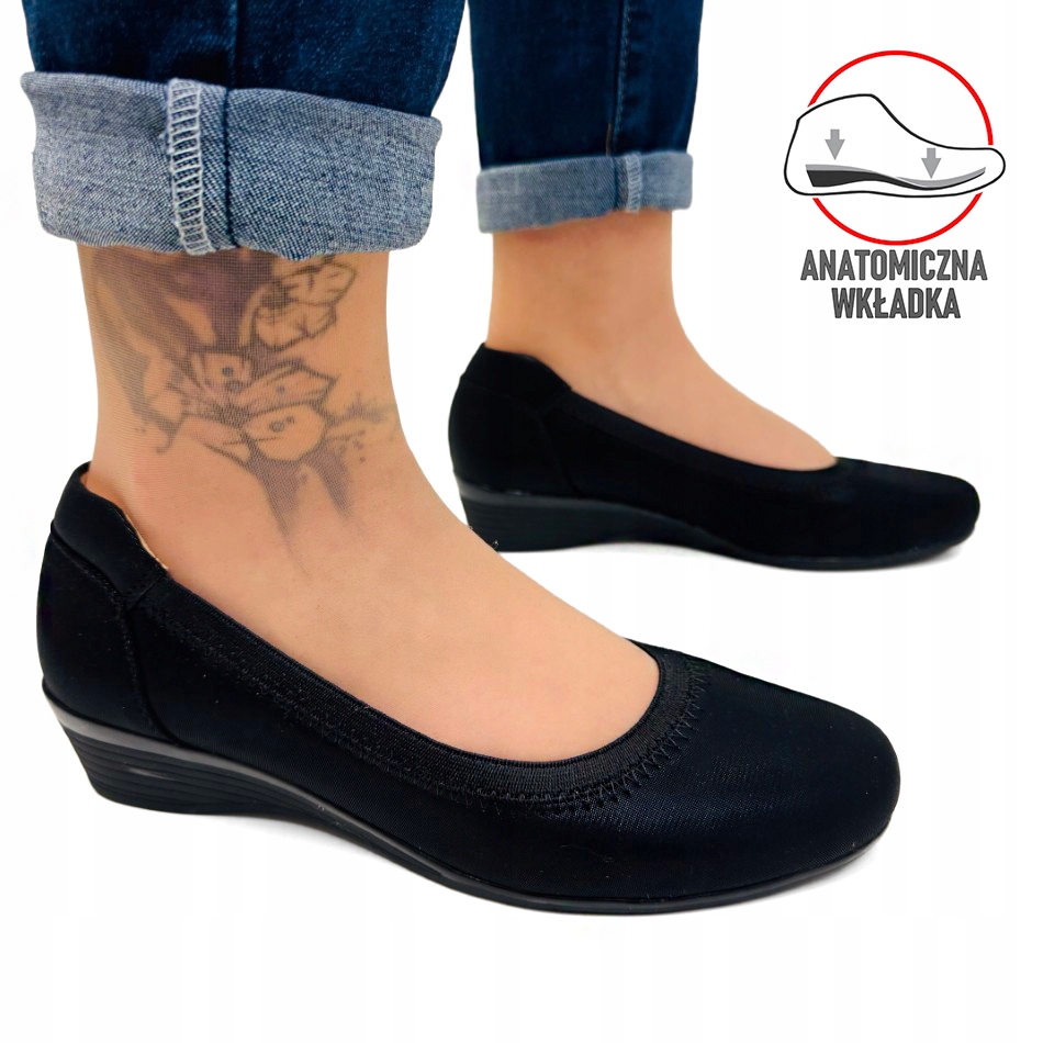 Černé Nízké Lodičky, Boty Na Koturnu, Širší, Měkká Kůže, Vložka 39