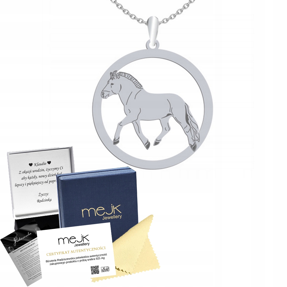 Stříbrný náhrdelník s fjordským koněm 925 Řetízek Šperky Gravírování Bonus