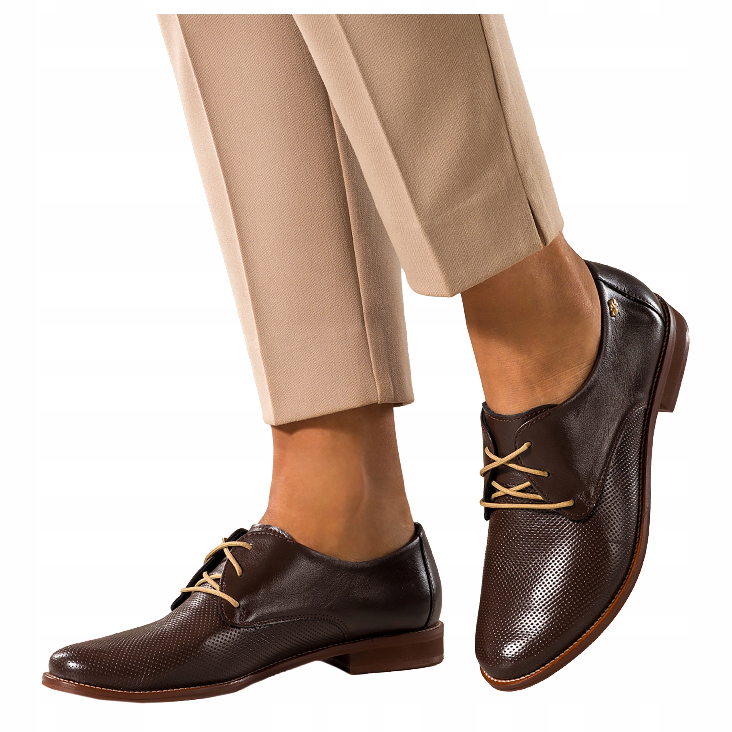 Čokoládové Polobotky Dámské Kožené Pohodlné Zlaté Šněrovací ozdoba vel. 40